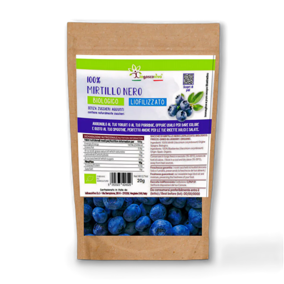 100% Arándano Negro Entero Liofilizado Bio - 20g