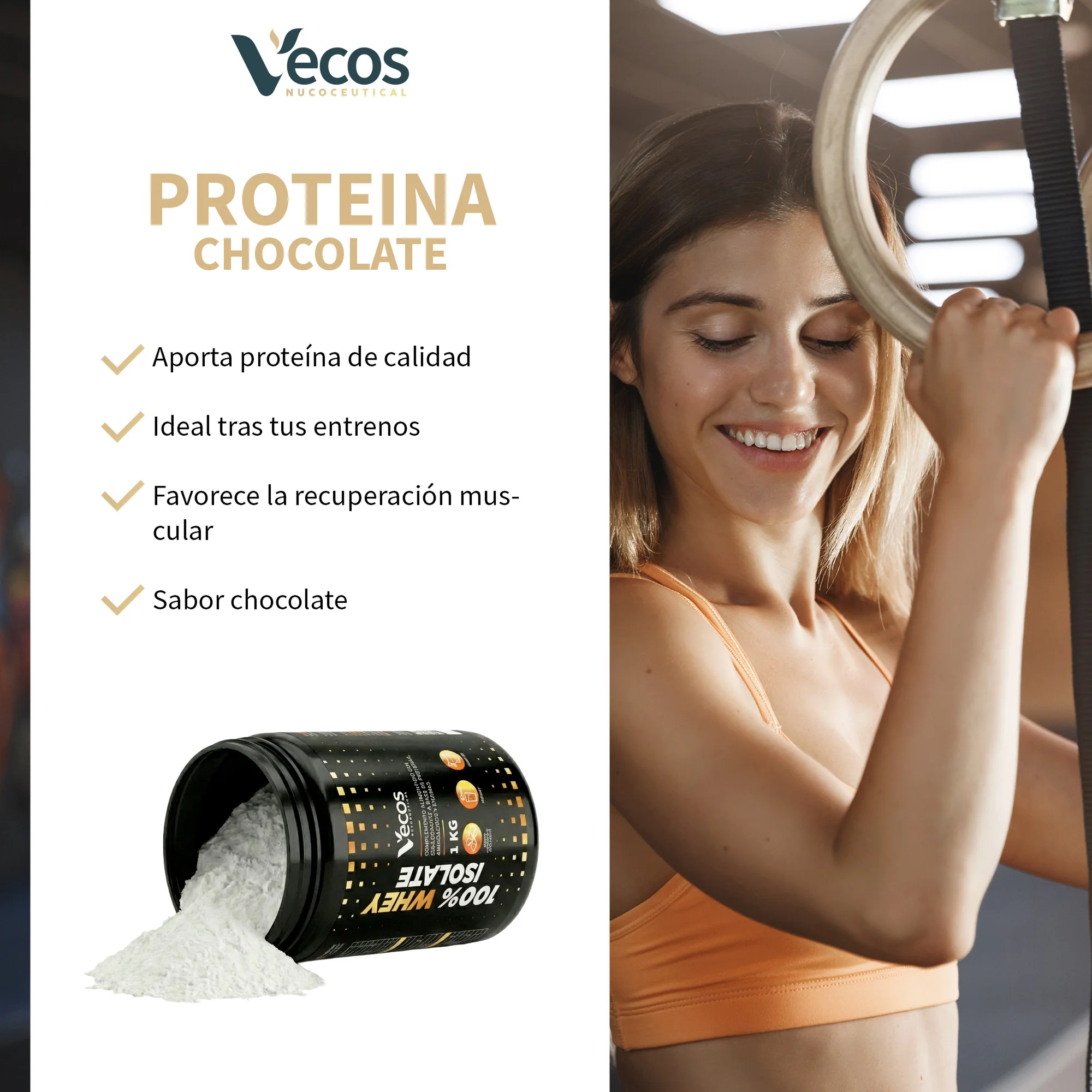 100% Whey Isolate Vecos 1 Kg Chocolate Avellanas | Proteína Aislada Para Masa Muscular | Con Sabor Choco-avellana - Image 4