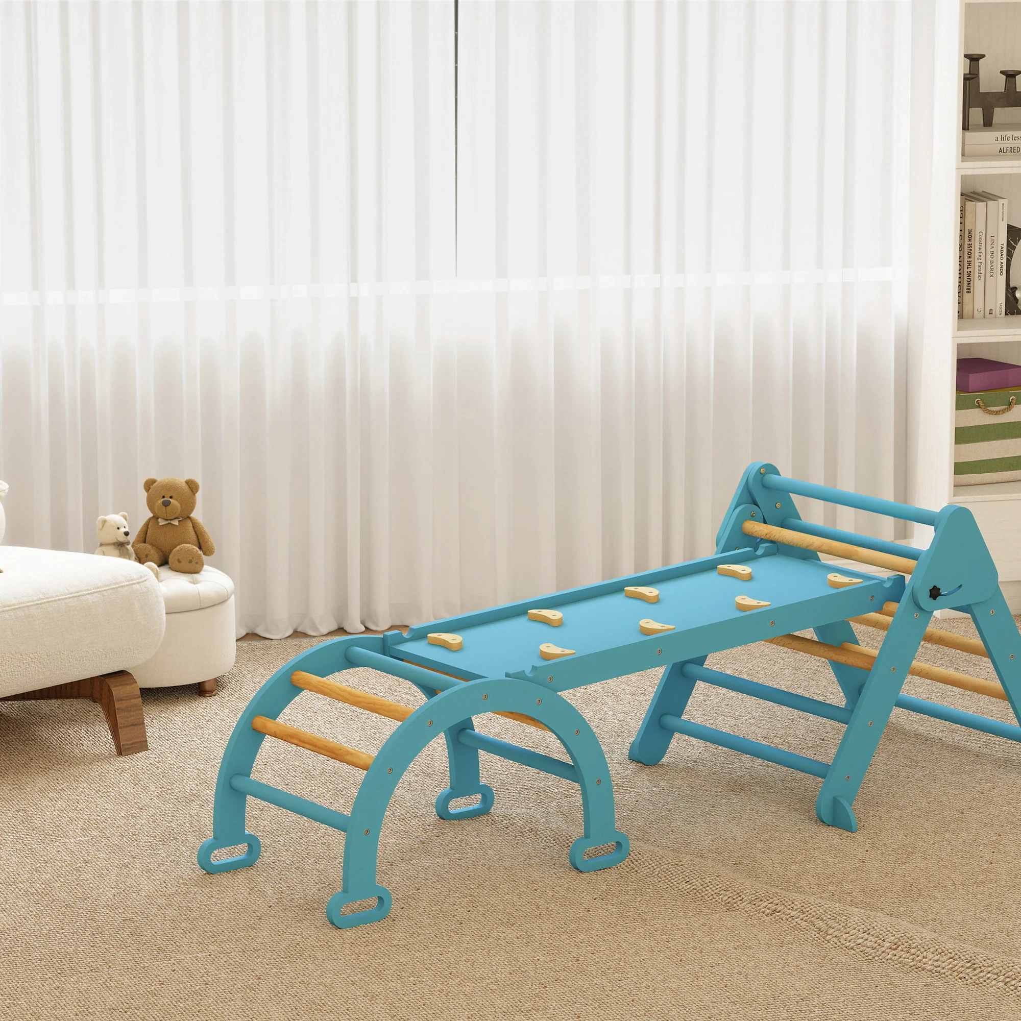 Aiyaplay 7 En 1 Triángulo De Escalada Montessori Con Arco Y Rampa 188x70 Cm Azul - Image 4