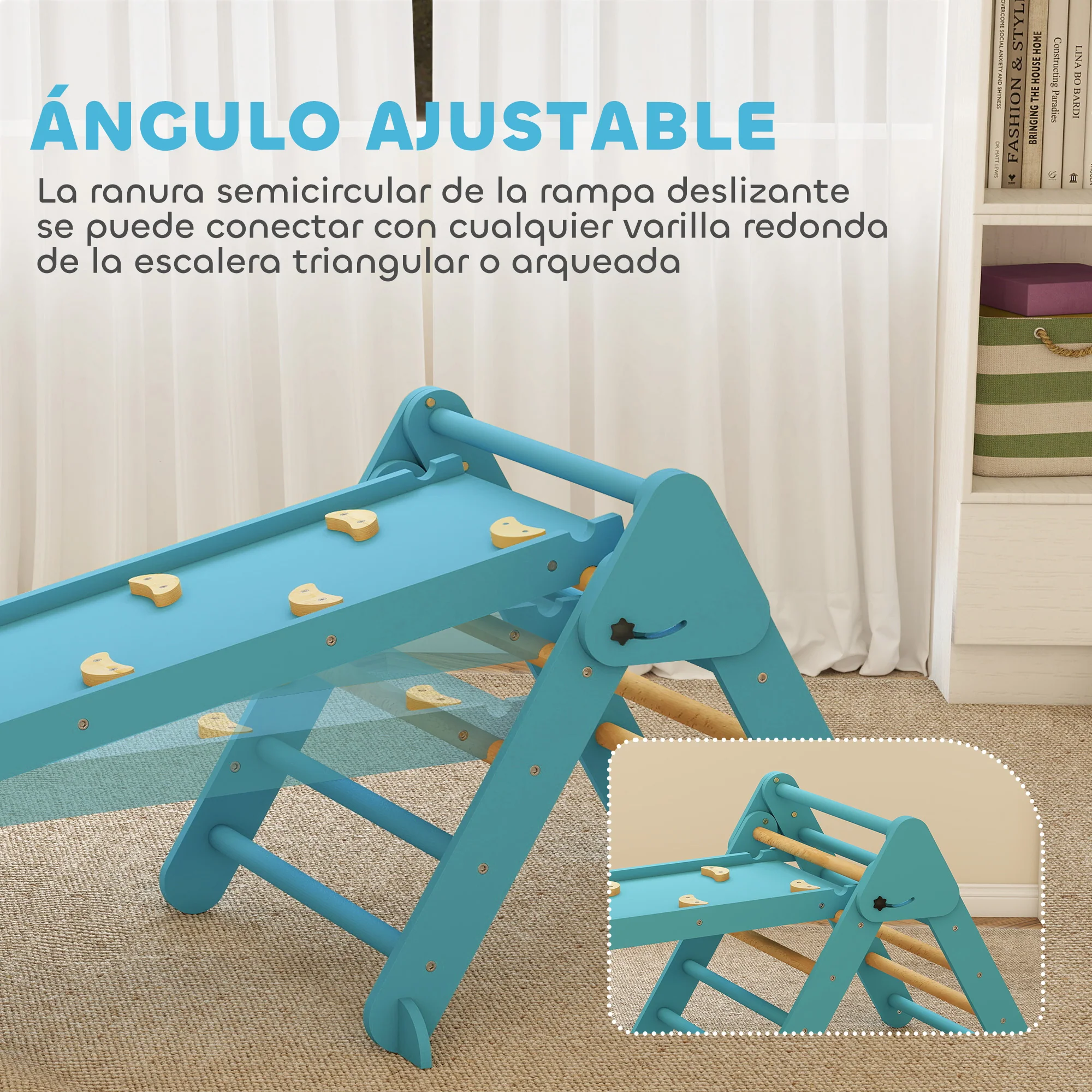 Aiyaplay 7 En 1 Triángulo De Escalada Montessori Con Arco Y Rampa 188x70 Cm Azul - Image 6