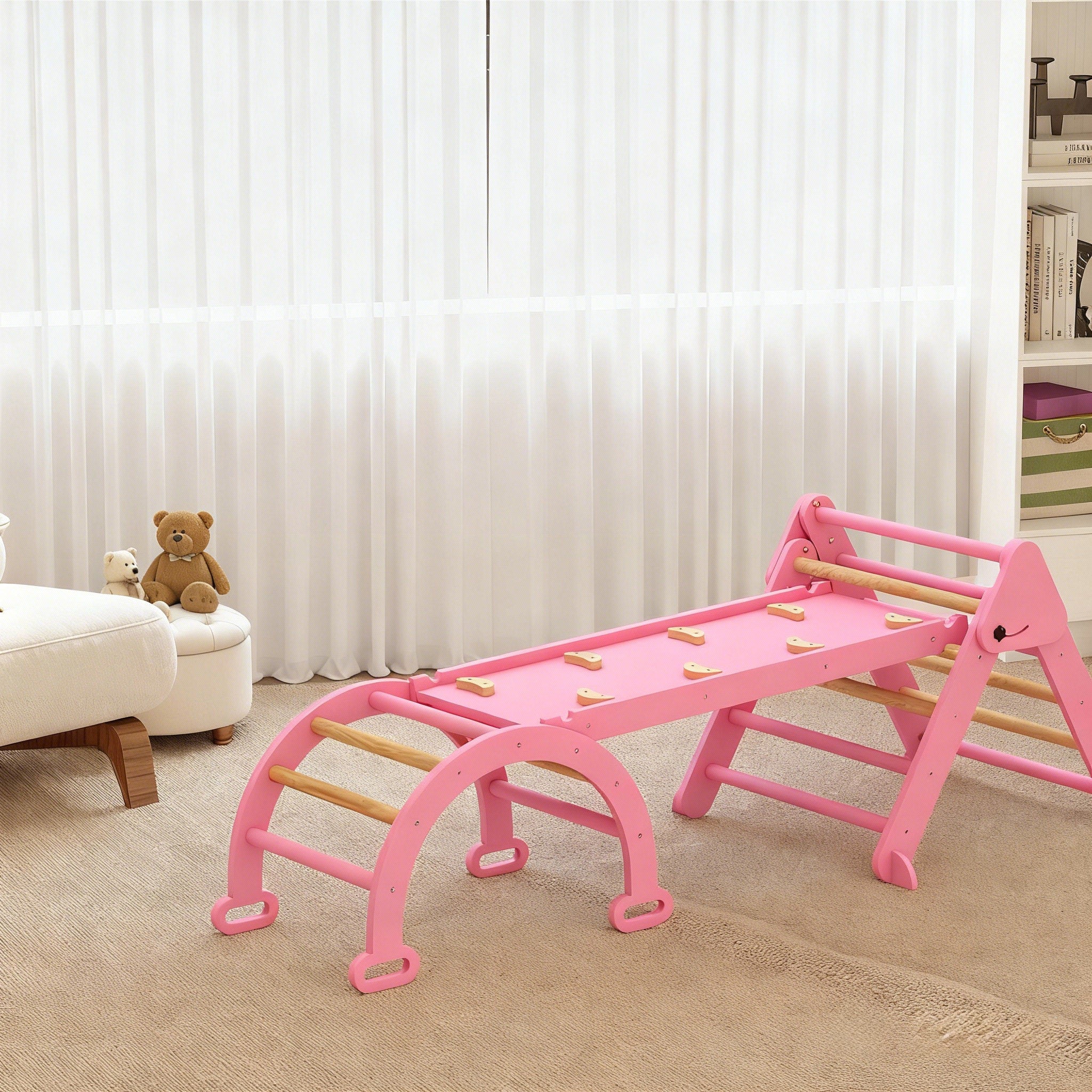 Aiyaplay 7 En 1 Triángulo De Escalada Montessori Con Arco Y Rampa 188x70 Cm Rosa - Image 4