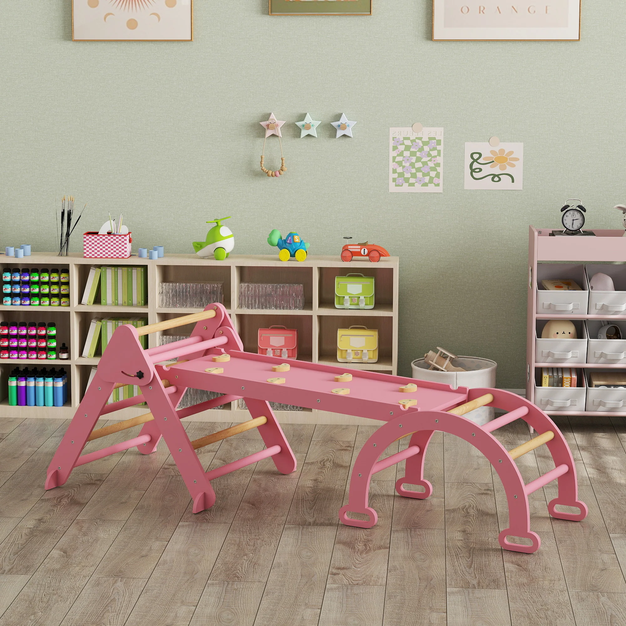 Aiyaplay 7 En 1 Triángulo De Escalada Montessori Con Arco Y Rampa 188x70 Cm Rosa - Image 5