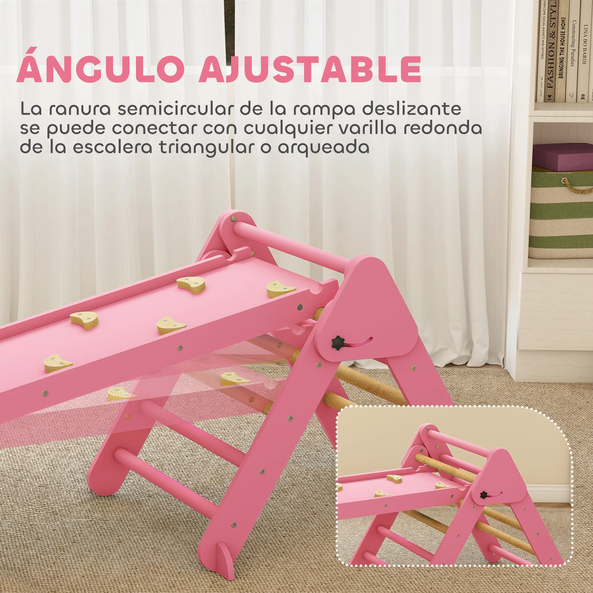 Aiyaplay 7 En 1 Triángulo De Escalada Montessori Con Arco Y Rampa 188x70 Cm Rosa - Image 6