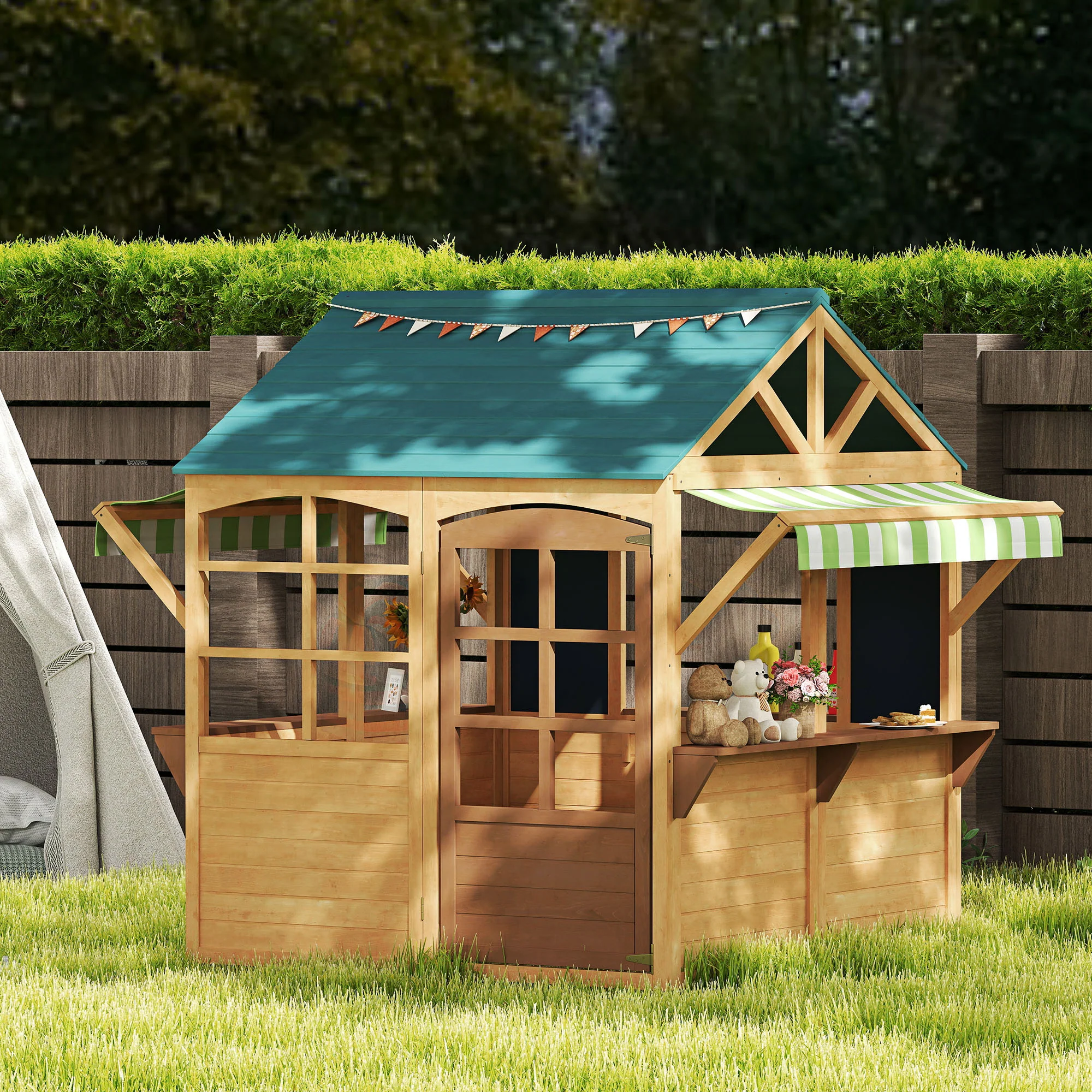 Aiyaplay Casita Infantil Exterior De Madera Con 2 Pizarras Ventanas Natural - Image 2