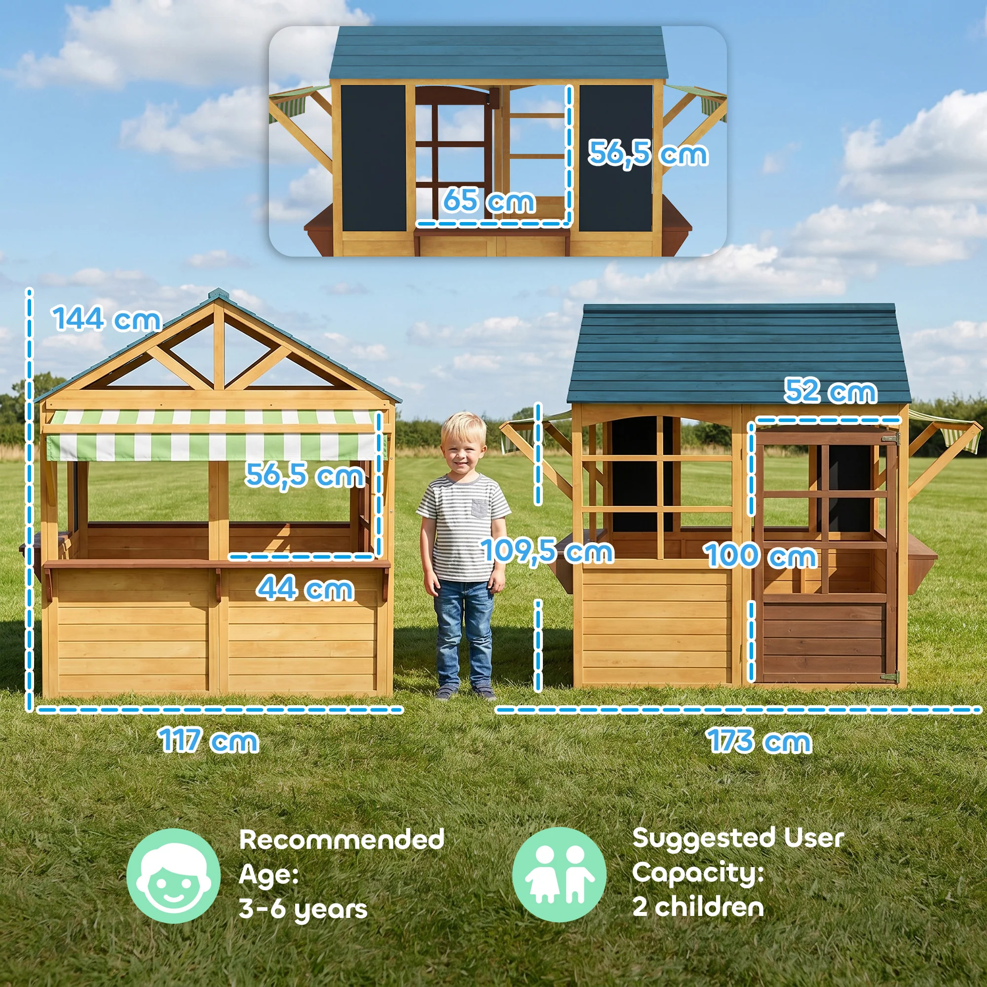 Aiyaplay Casita Infantil Exterior De Madera Con 2 Pizarras Ventanas Natural - Image 3