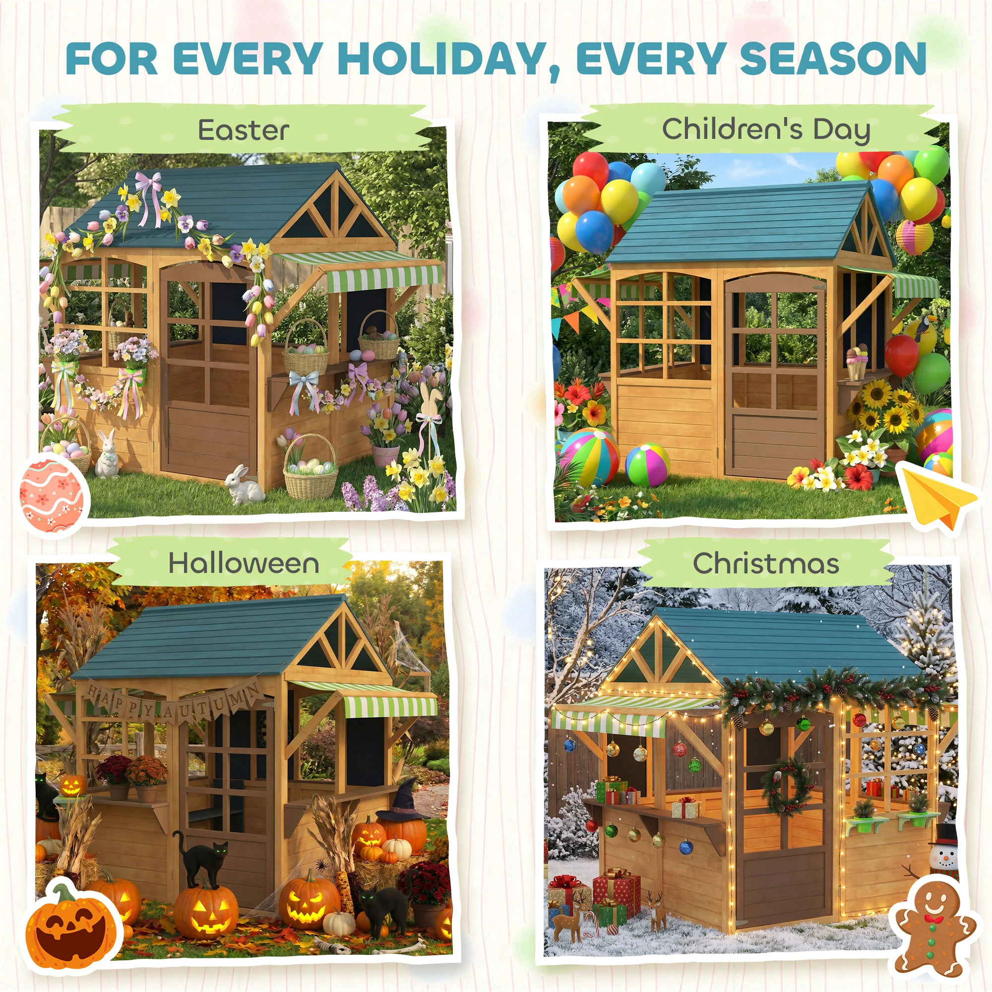 Aiyaplay Casita Infantil Exterior De Madera Con 2 Pizarras Ventanas Natural - Image 5