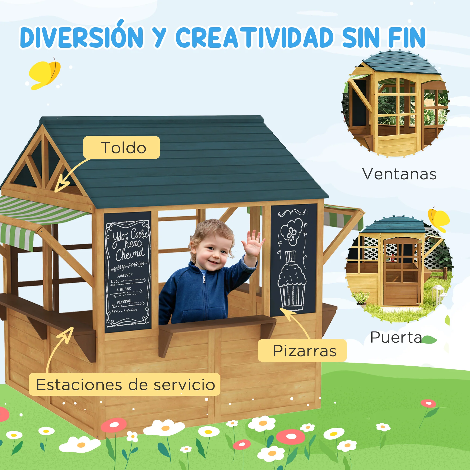 Aiyaplay Casita Infantil Exterior De Madera Con 2 Pizarras Ventanas Natural - Image 6
