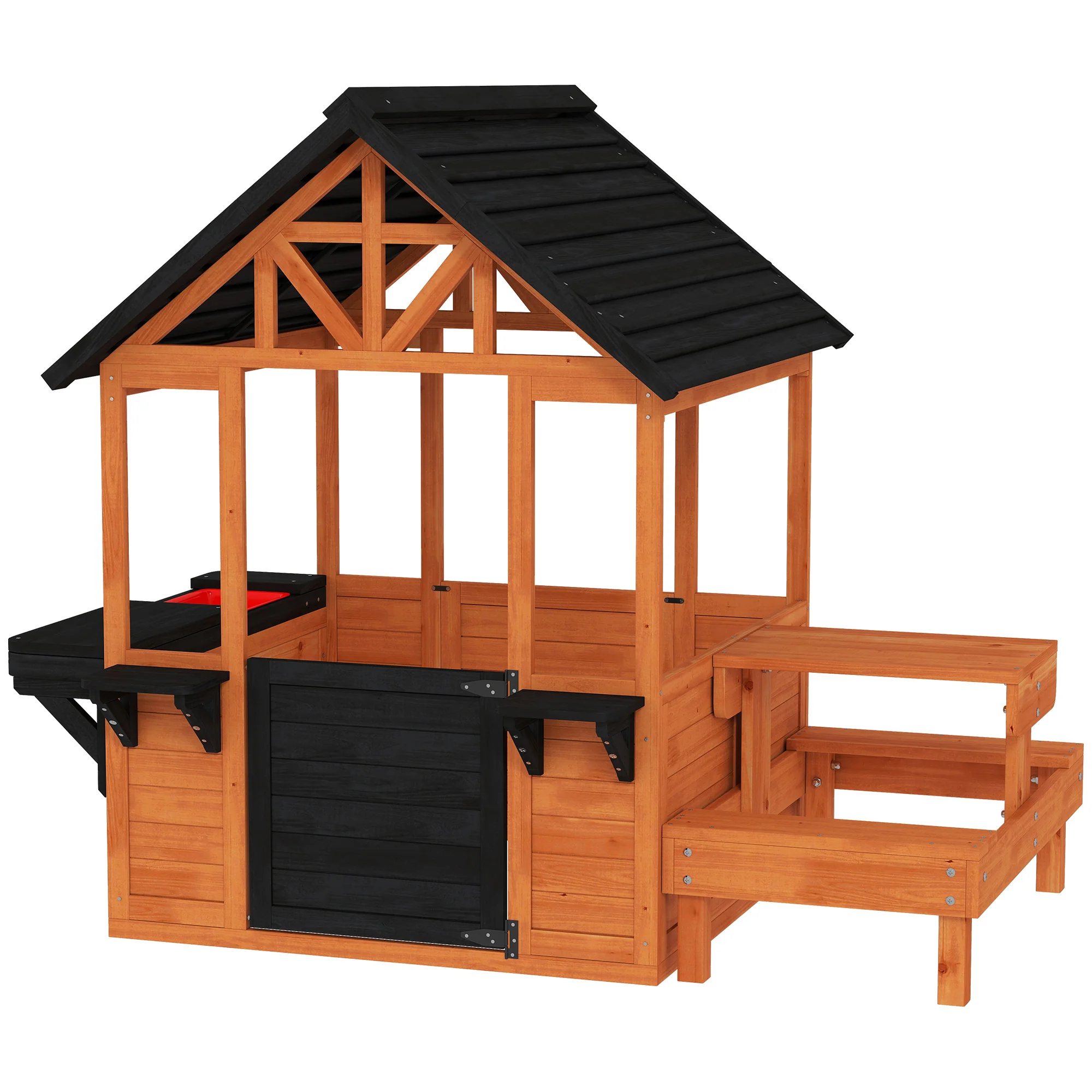 Aiyaplay Casita Infantil Exterior De Madera Con Barra De Snack Y Bancos Marrón