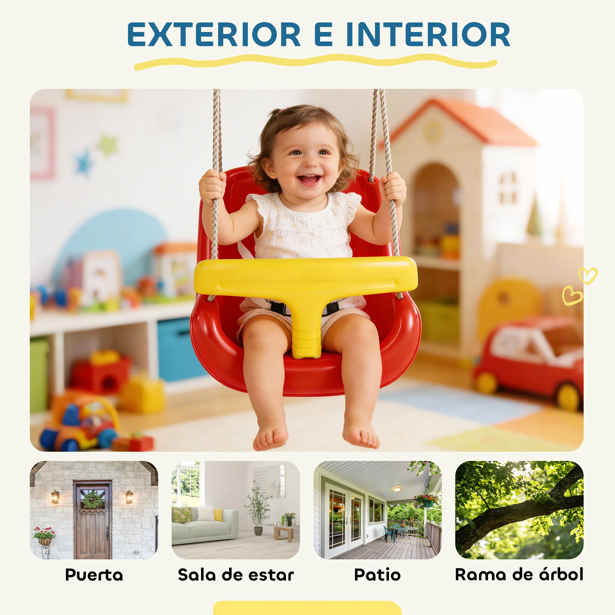 Aiyaplay Columpio Infantil Cuerda Ajustable Con Respaldo Alto Barandilla Rojo - Image 6