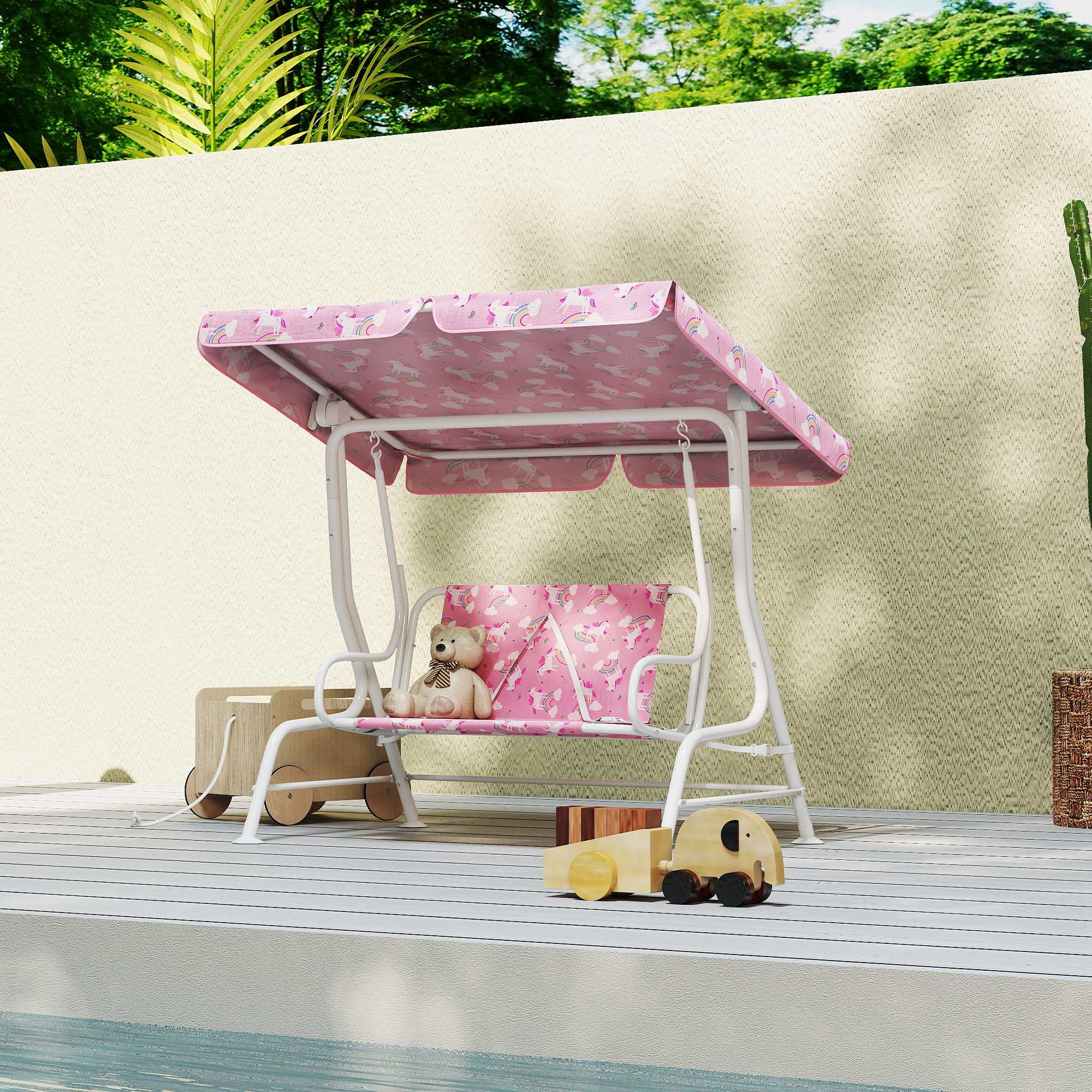 Aiyaplay Columpio Jardín Para Niños De 2 Plazas Toldo Diseño De Unicornio Rosa - Image 2