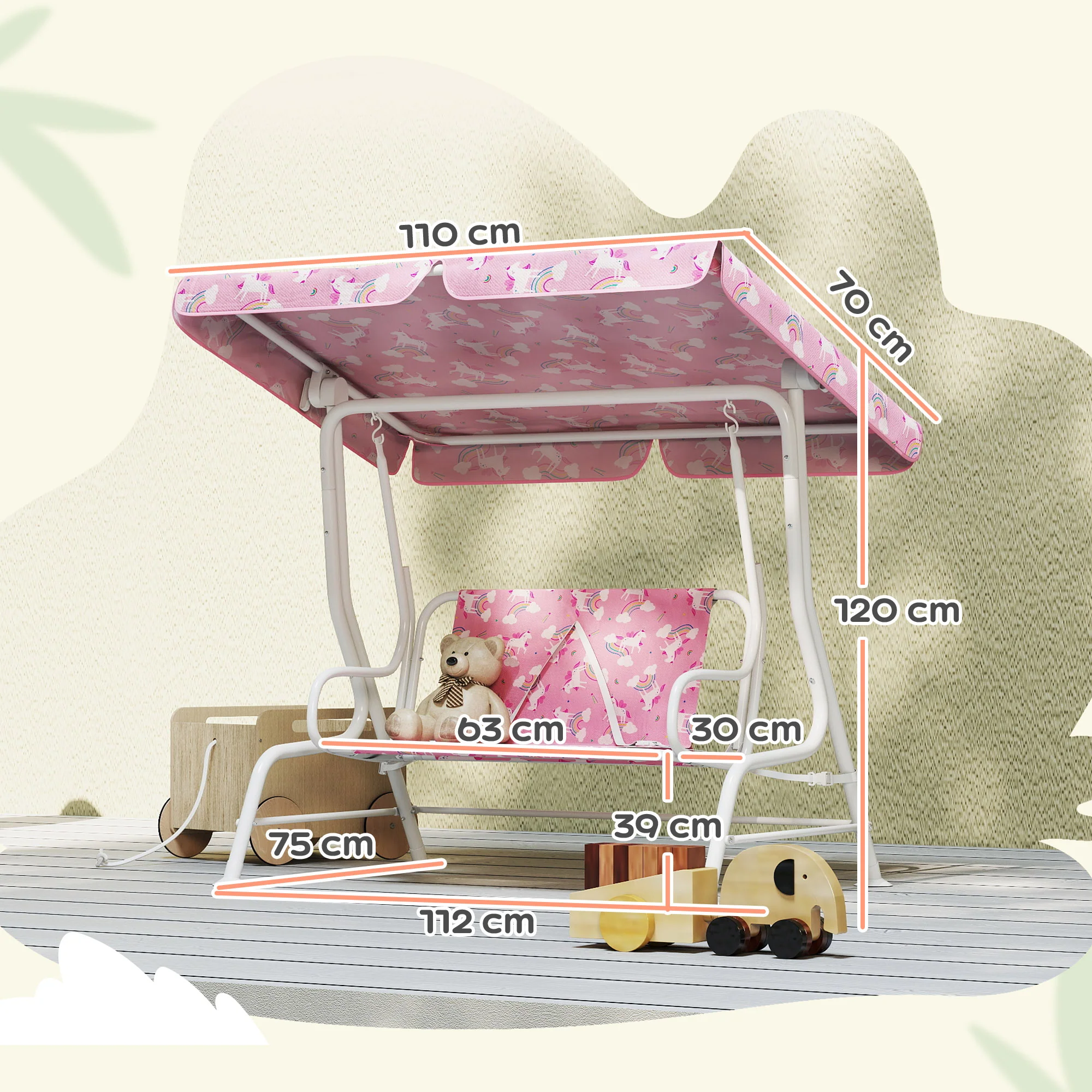 Aiyaplay Columpio Jardín Para Niños De 2 Plazas Toldo Diseño De Unicornio Rosa - Image 3