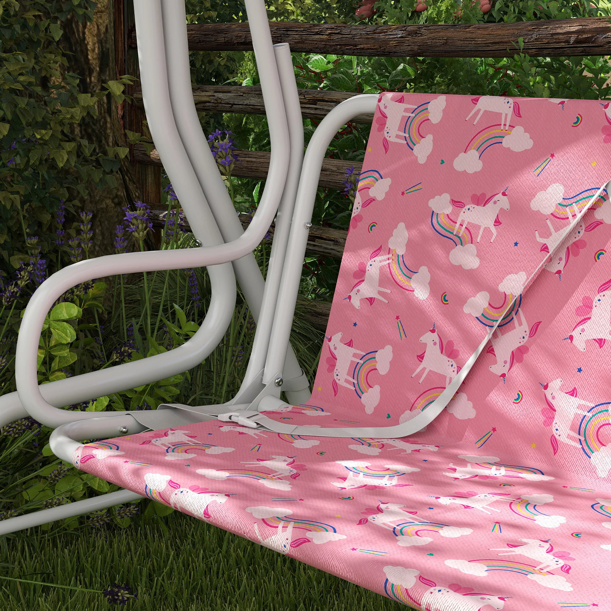 Aiyaplay Columpio Jardín Para Niños De 2 Plazas Toldo Diseño De Unicornio Rosa - Image 4
