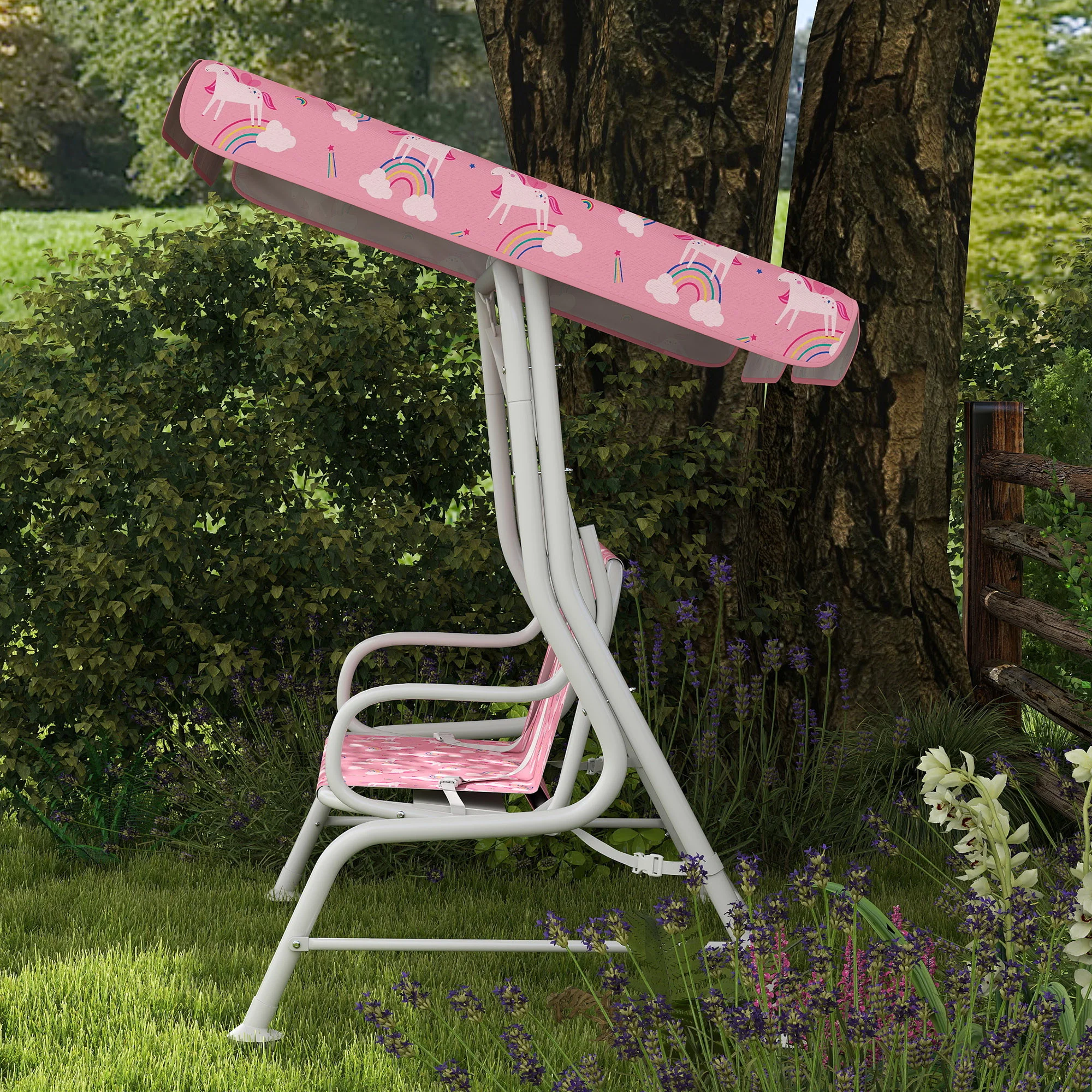 Aiyaplay Columpio Jardín Para Niños De 2 Plazas Toldo Diseño De Unicornio Rosa - Image 5