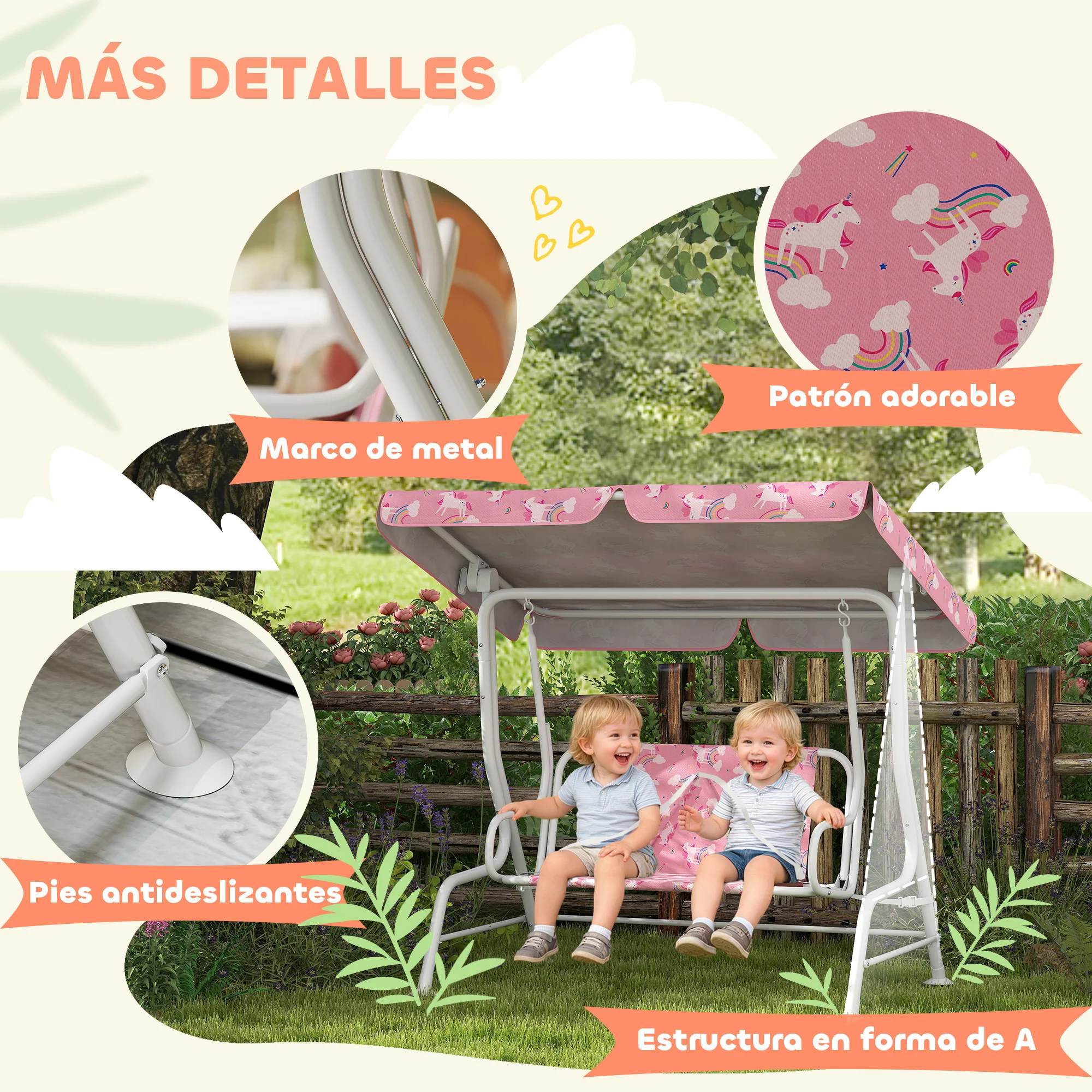 Aiyaplay Columpio Jardín Para Niños De 2 Plazas Toldo Diseño De Unicornio Rosa - Image 6