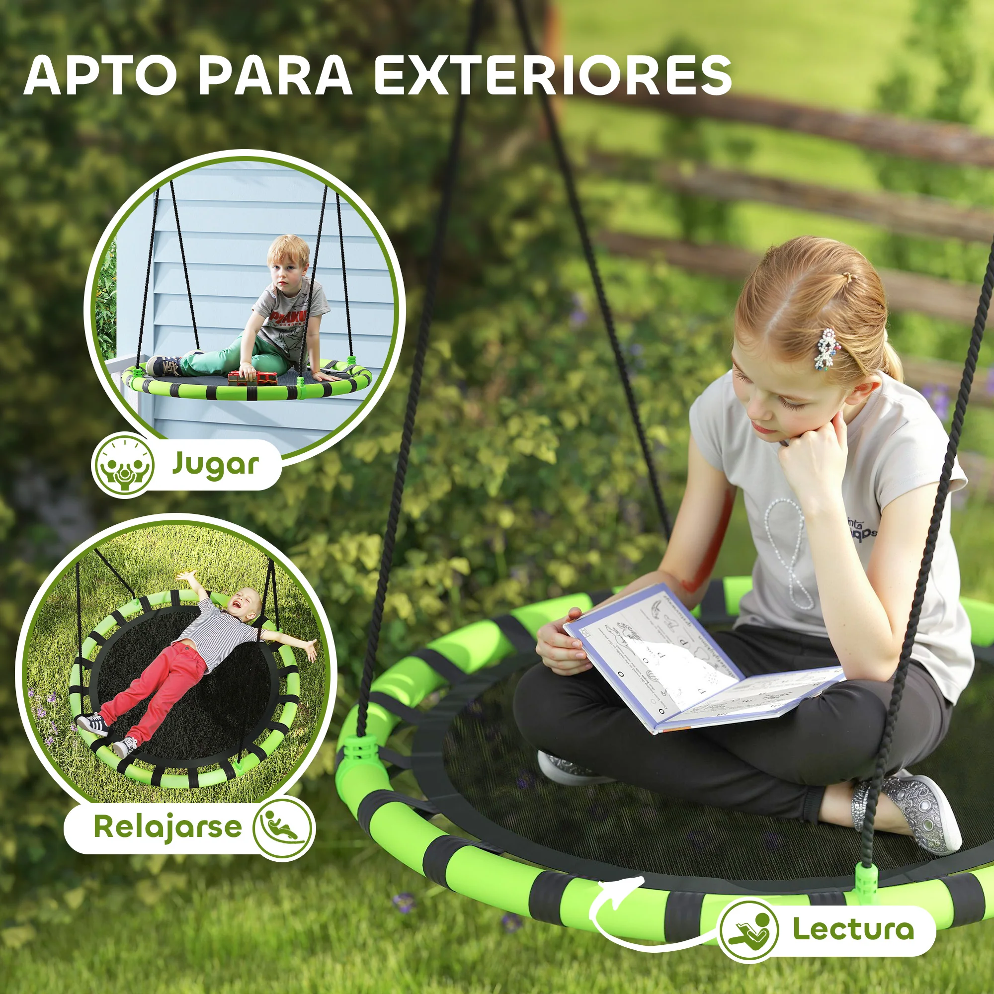 Aiyaplay Columpio Para Niños Redondo Ajustable Ø100x180 Cm Negro Y Verde - Image 6