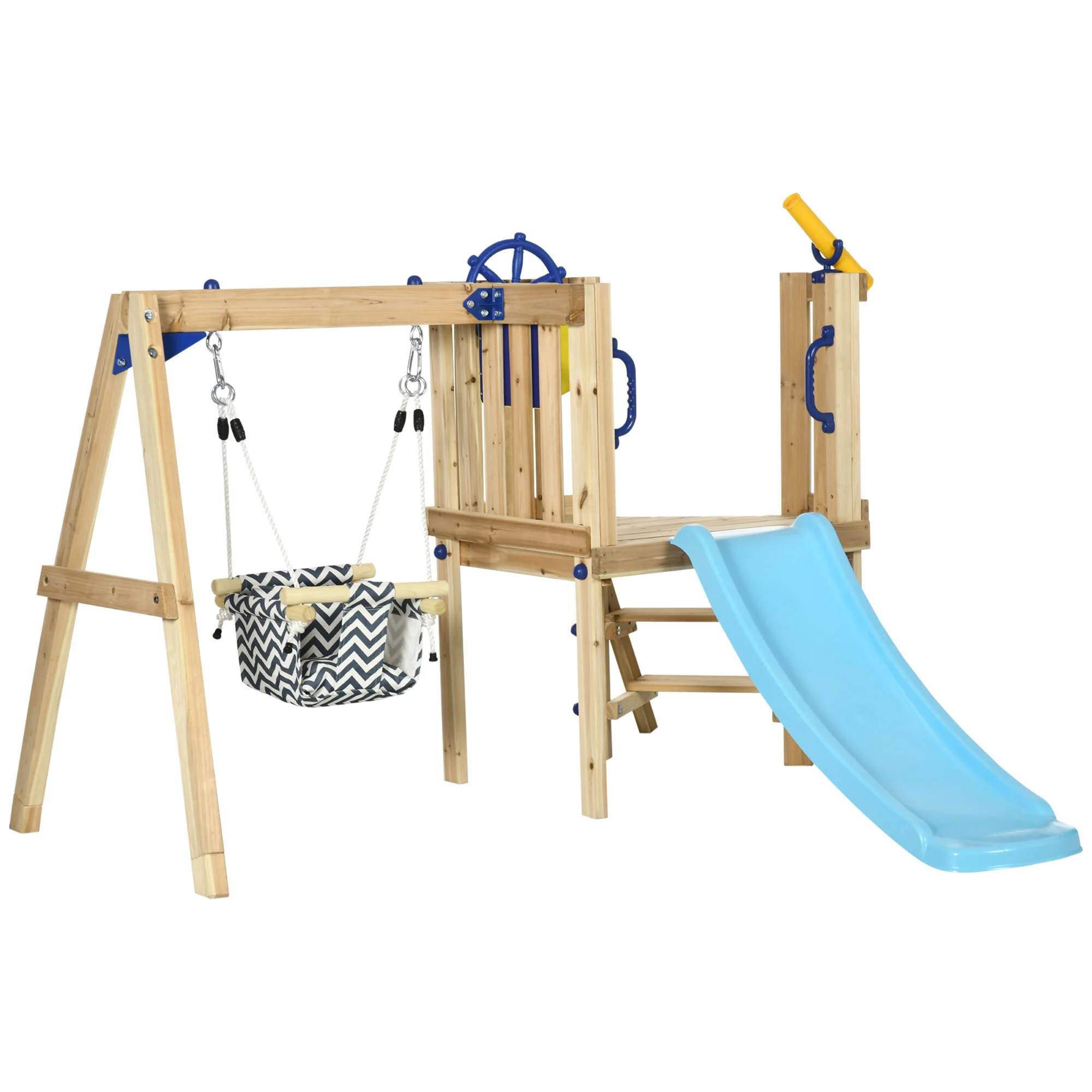 Aiyaplay Columpio Y Tobogán Infantil Exterior De Madera Con Volante Telescopio