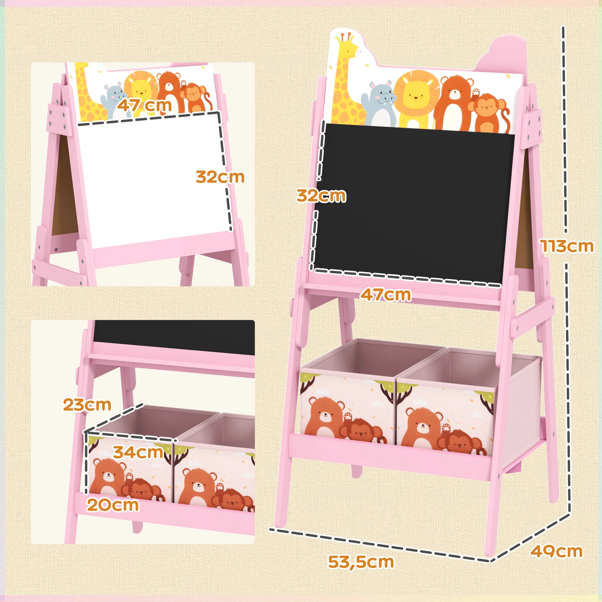 Aiyaplay Pizarra Infantil Caballete 2 En 1 Con 2 Cajas De Tela Rosa - Image 3