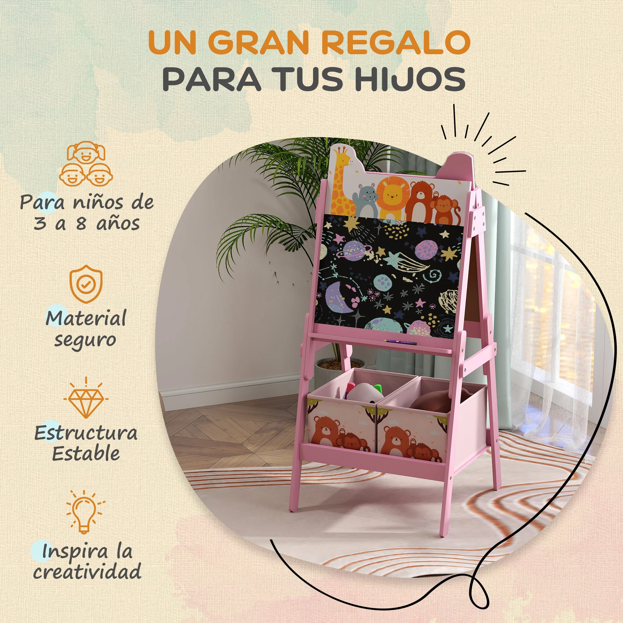 Aiyaplay Pizarra Infantil Caballete 2 En 1 Con 2 Cajas De Tela Rosa - Image 6
