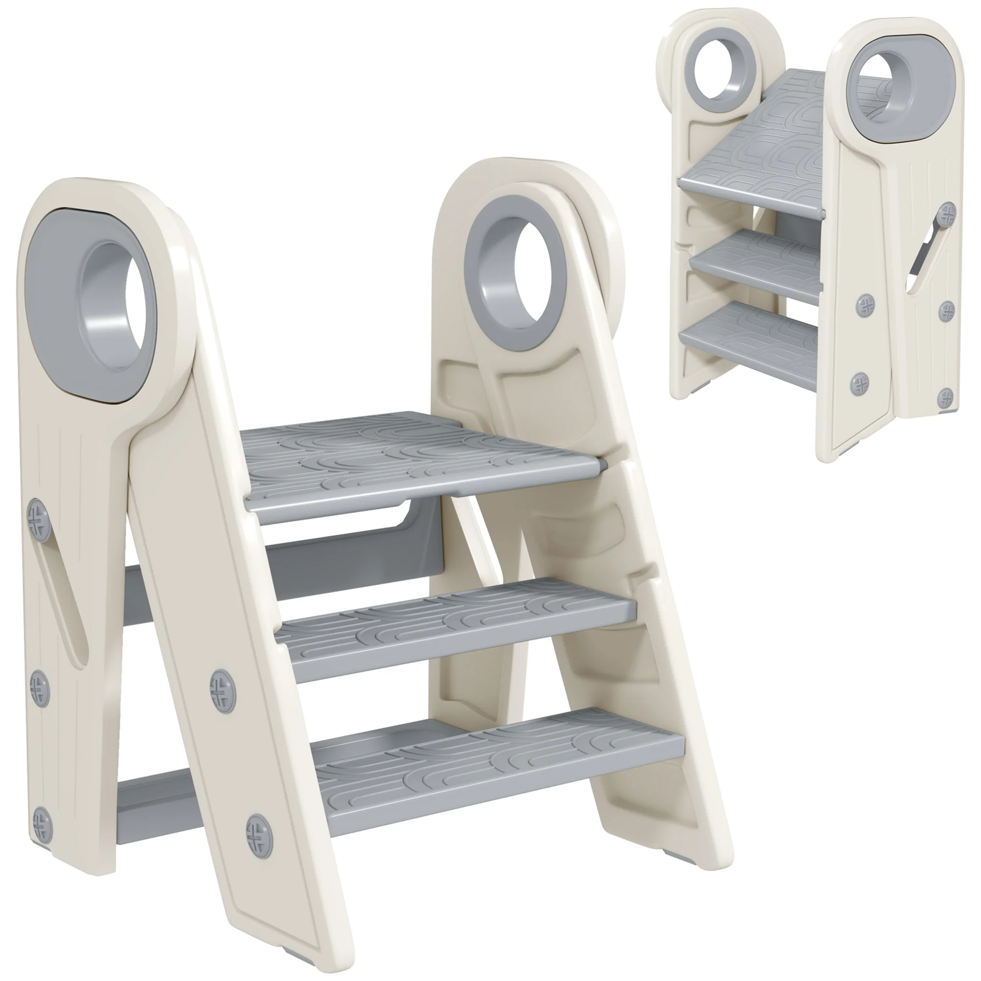 Aiyaplay Taburete Para Niños Plegable Y Ajustable Con Asa Gris Y Blanco