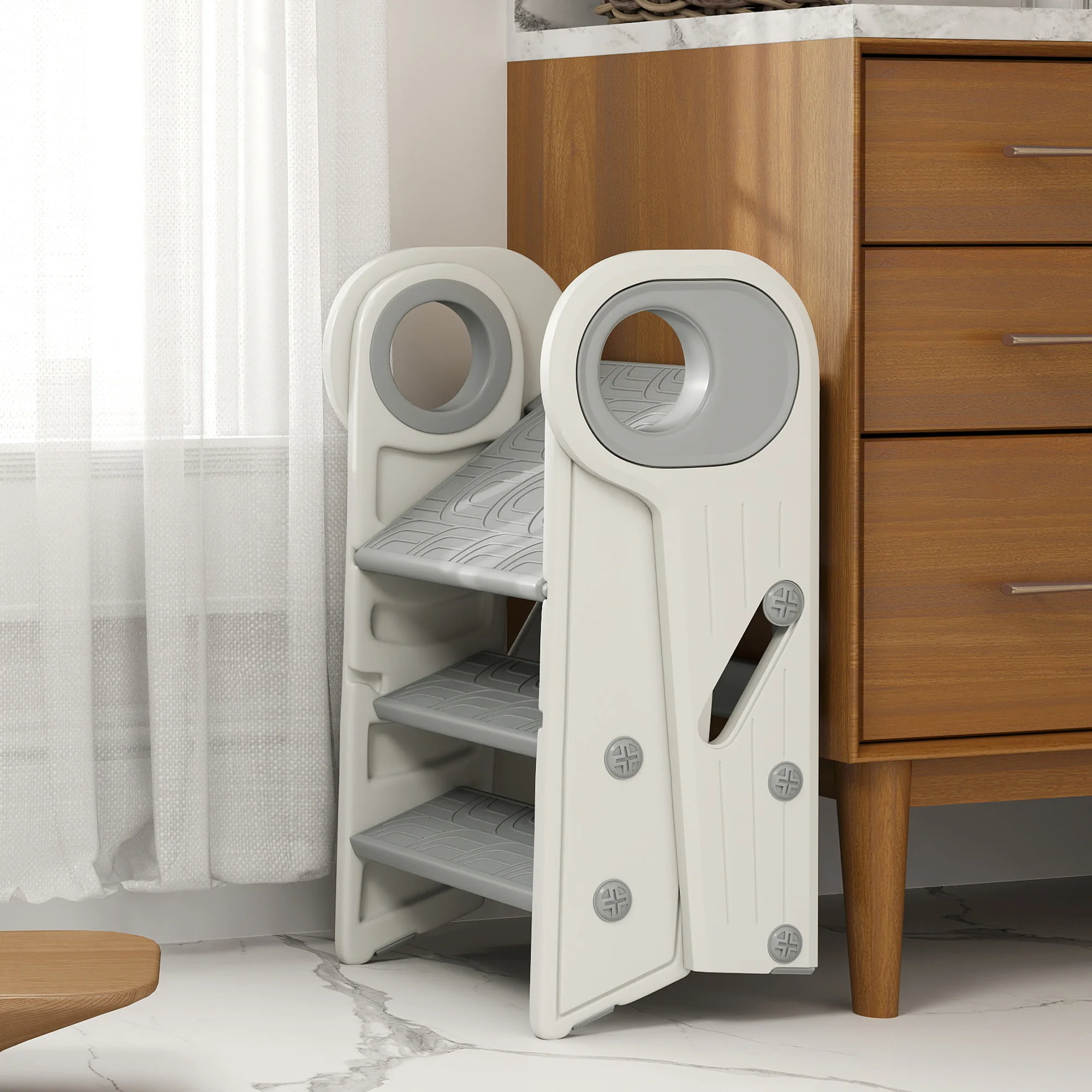 Aiyaplay Taburete Para Niños Plegable Y Ajustable Con Asa Gris Y Blanco - Image 4