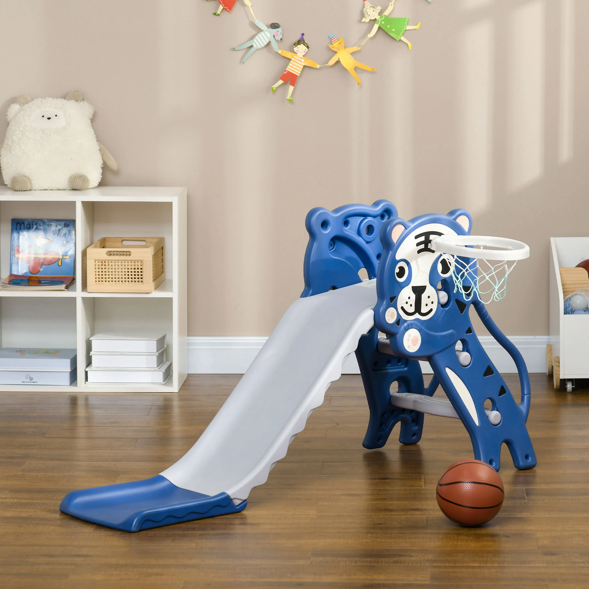 Aiyaplay Tobogán Infantil 3 En 1 Con Patrón De Tigre 133x60x70 Cm Azul Y Gris - Image 2