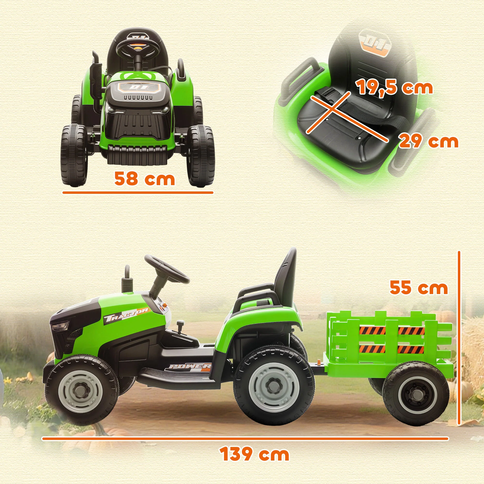 Aiyaplay Tractor Eléctrico Para Niños Con Remolque Desmontable Verde - Image 3
