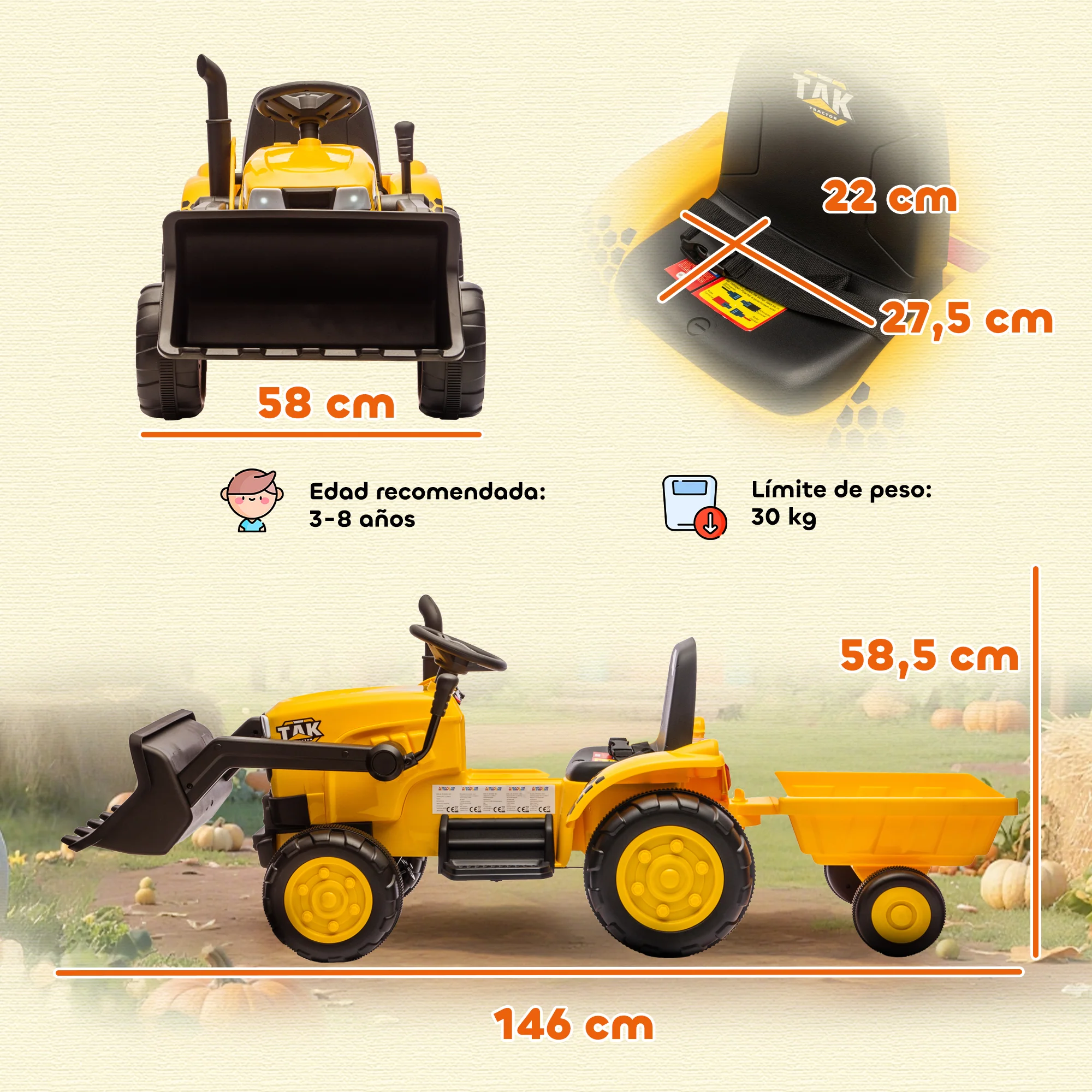 Aiyaplay Tractor Eléctrico Para Niños Con Remolque Desmontable Y Pala Amarillo - Image 3