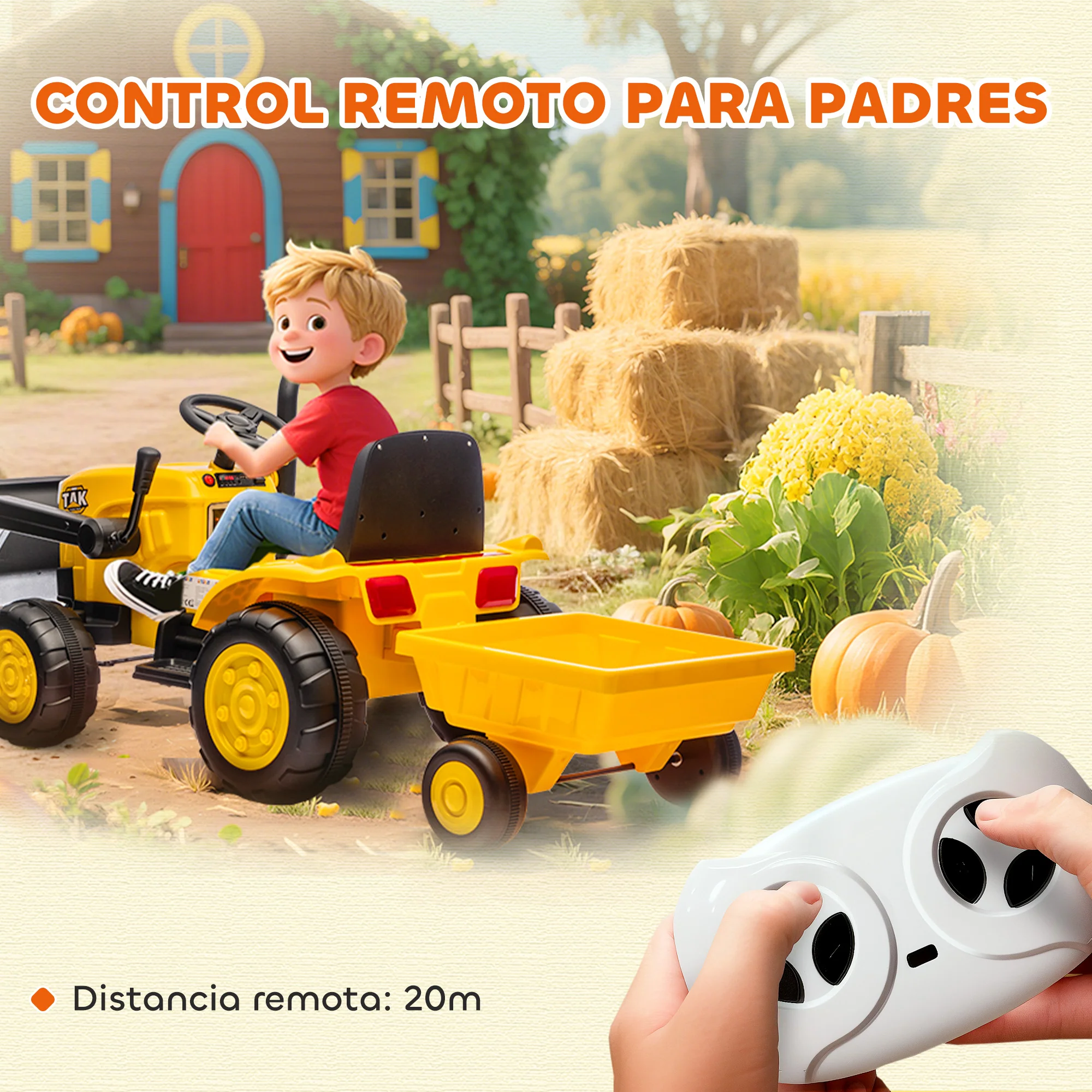 Aiyaplay Tractor Eléctrico Para Niños Con Remolque Desmontable Y Pala Amarillo - Image 6