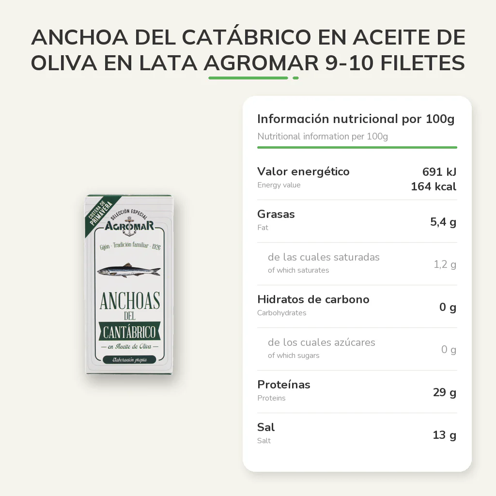 Anchoa del Catábrico en Aceite de Oliva en lata AGROMAR 9-10 filetes (30 g peso escurrido) - Image 3