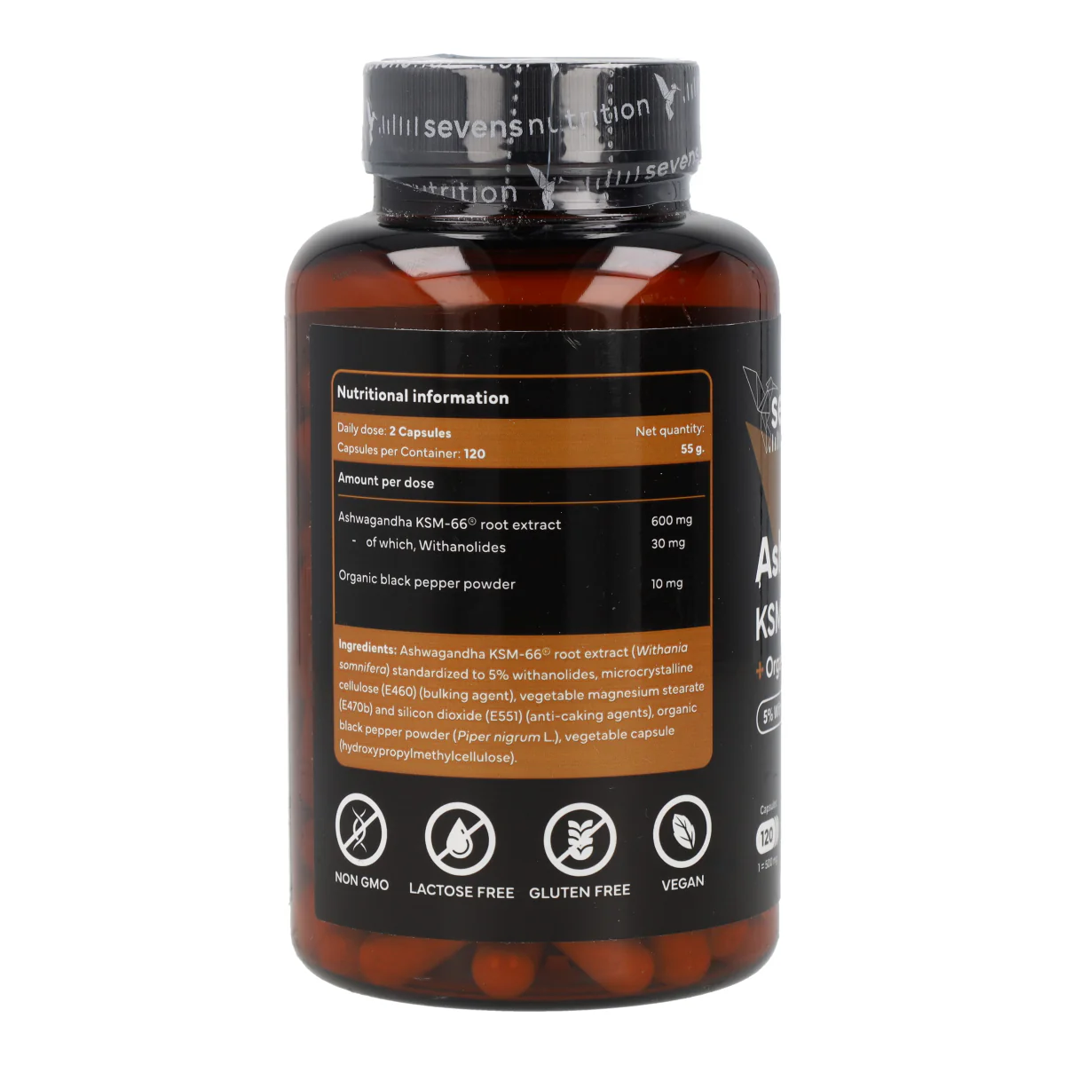 Ashwagandha KSM 66 Complex con Pimienta Negra Sevens Nutrition 120 cápsulas - Image 3