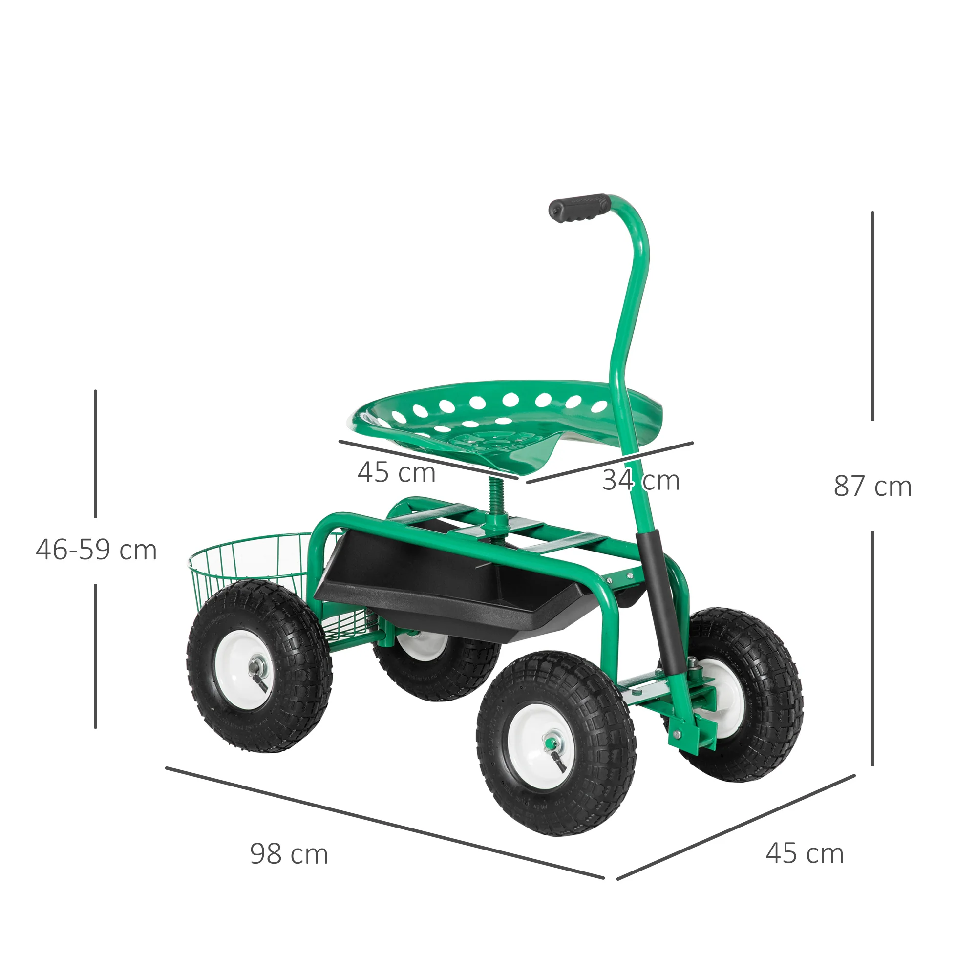 Asiento De Jardín Con Ruedas Bandeja De Herramientas Cesta Para Exterior Verde - Image 3