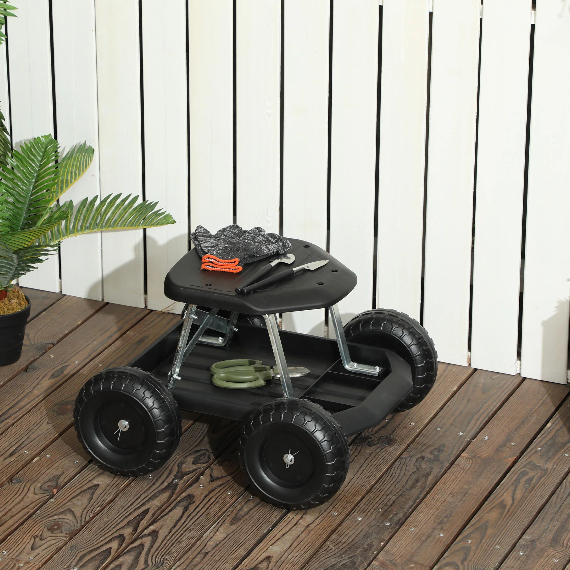 Asiento De Jardín Con Ruedas Con Bandeja De Herramientas Para Exterior Negro - Image 2