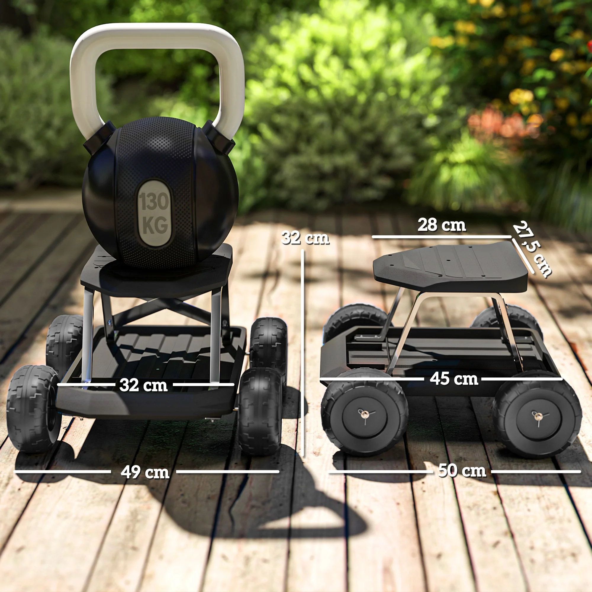 Asiento De Jardín Con Ruedas Con Bandeja De Herramientas Para Exterior Negro - Image 3