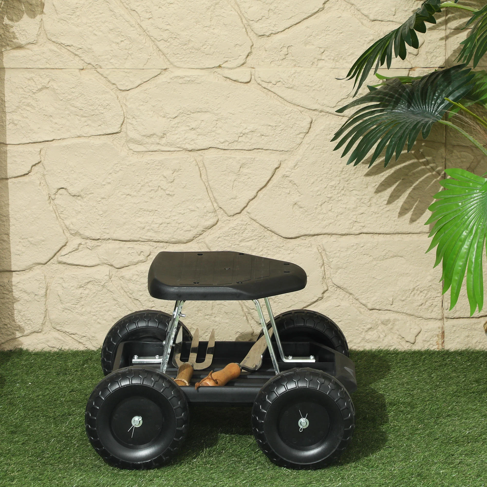 Asiento De Jardín Con Ruedas Con Bandeja De Herramientas Para Exterior Negro - Image 4