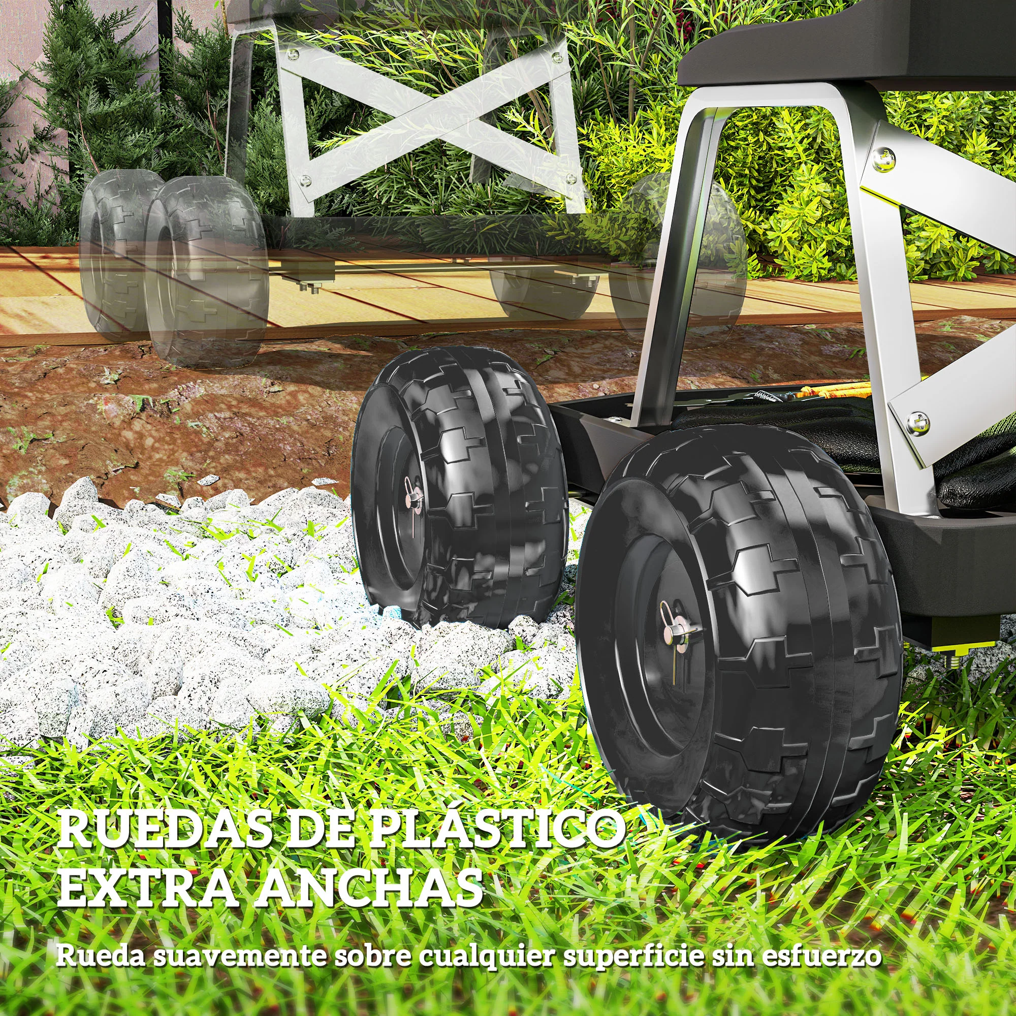 Asiento De Jardín Con Ruedas Con Bandeja De Herramientas Para Exterior Negro - Image 6