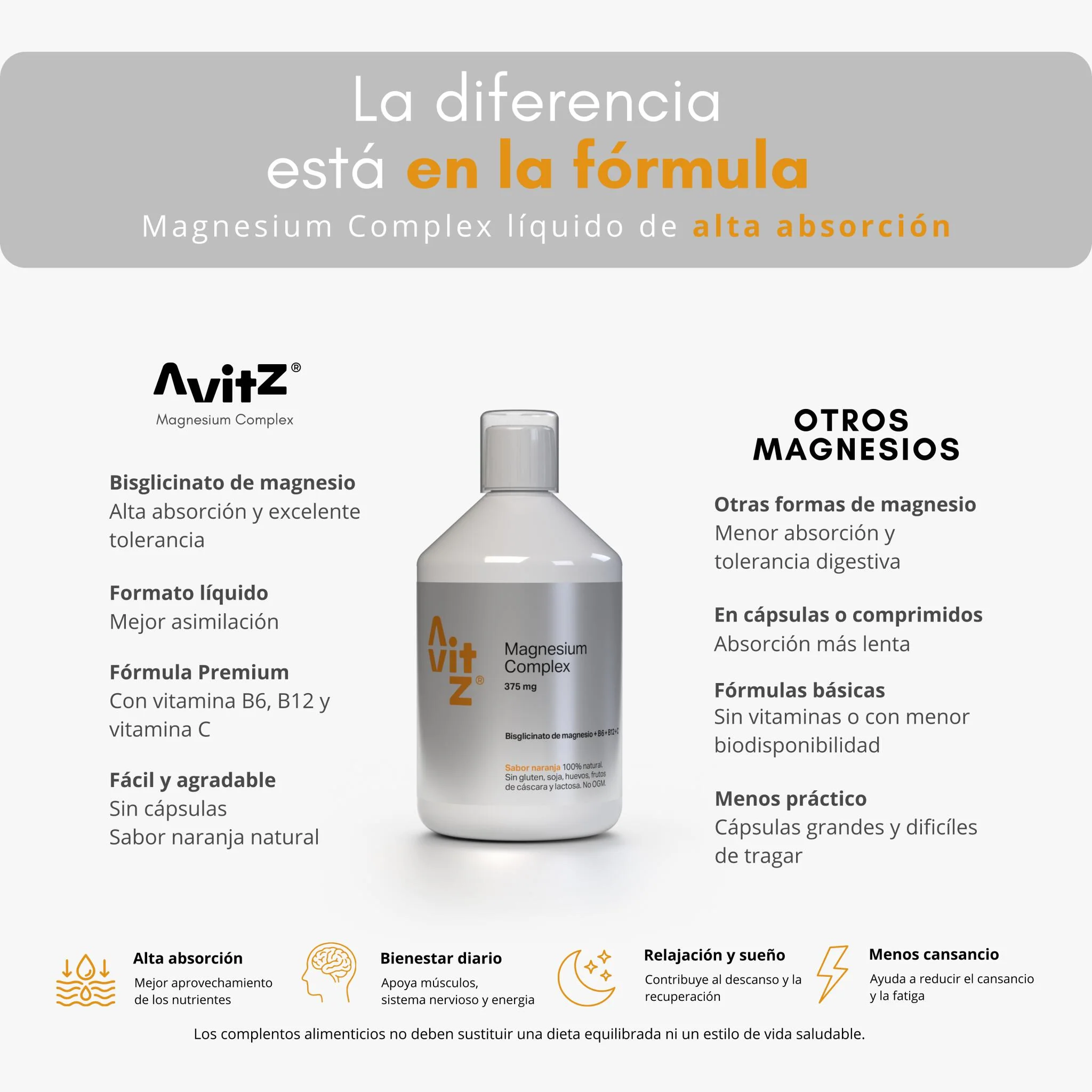 Avitz Magnesium Complex Líquido 500 Ml | Magnesio Bisglicinato + Vitaminas B6, B12 Y C - Image 3