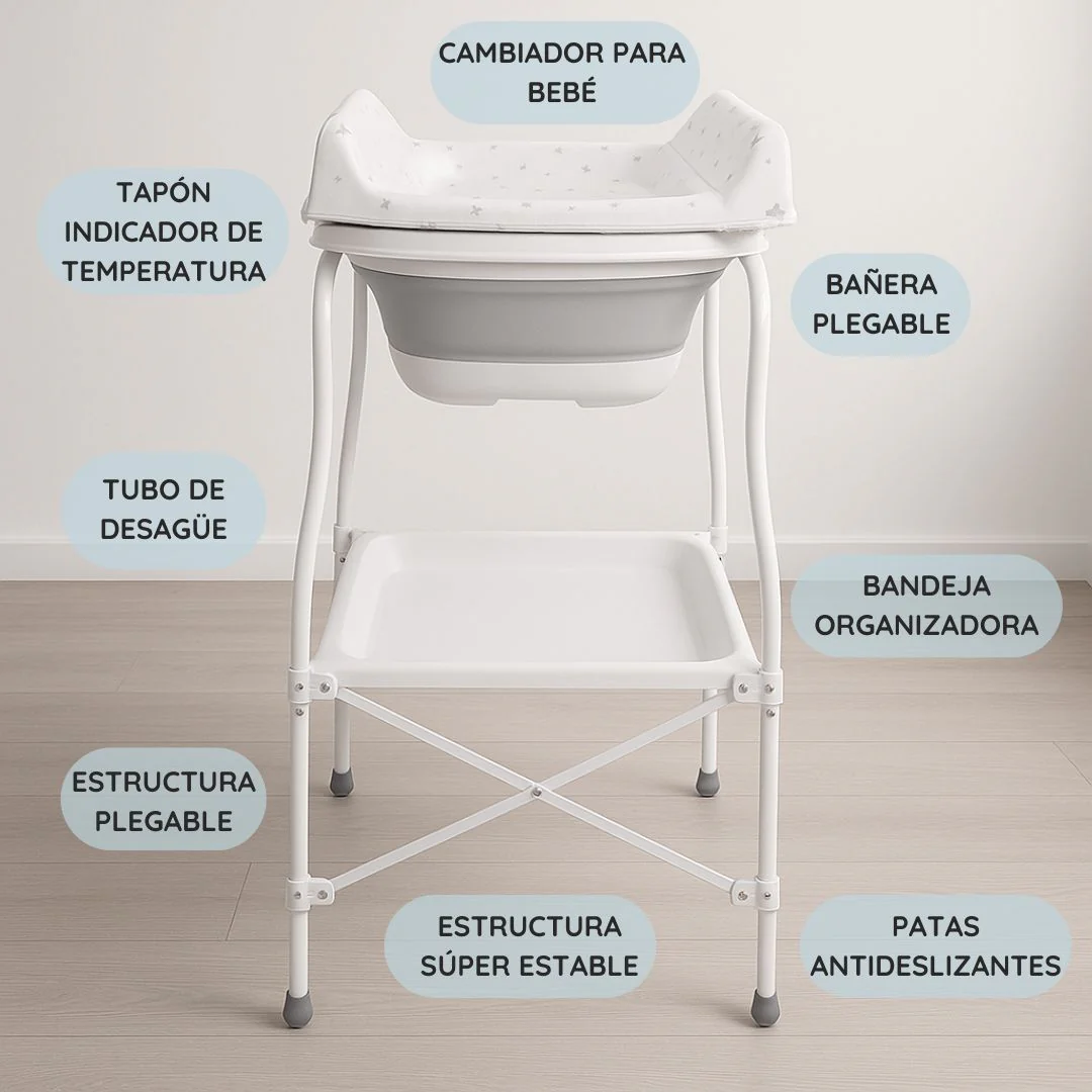 Bathby | Bañera Bebé 5 En 1 Plegable Con Soporte, Cambiador, Bandejas, Desagüe (gris Standard) - Image 4