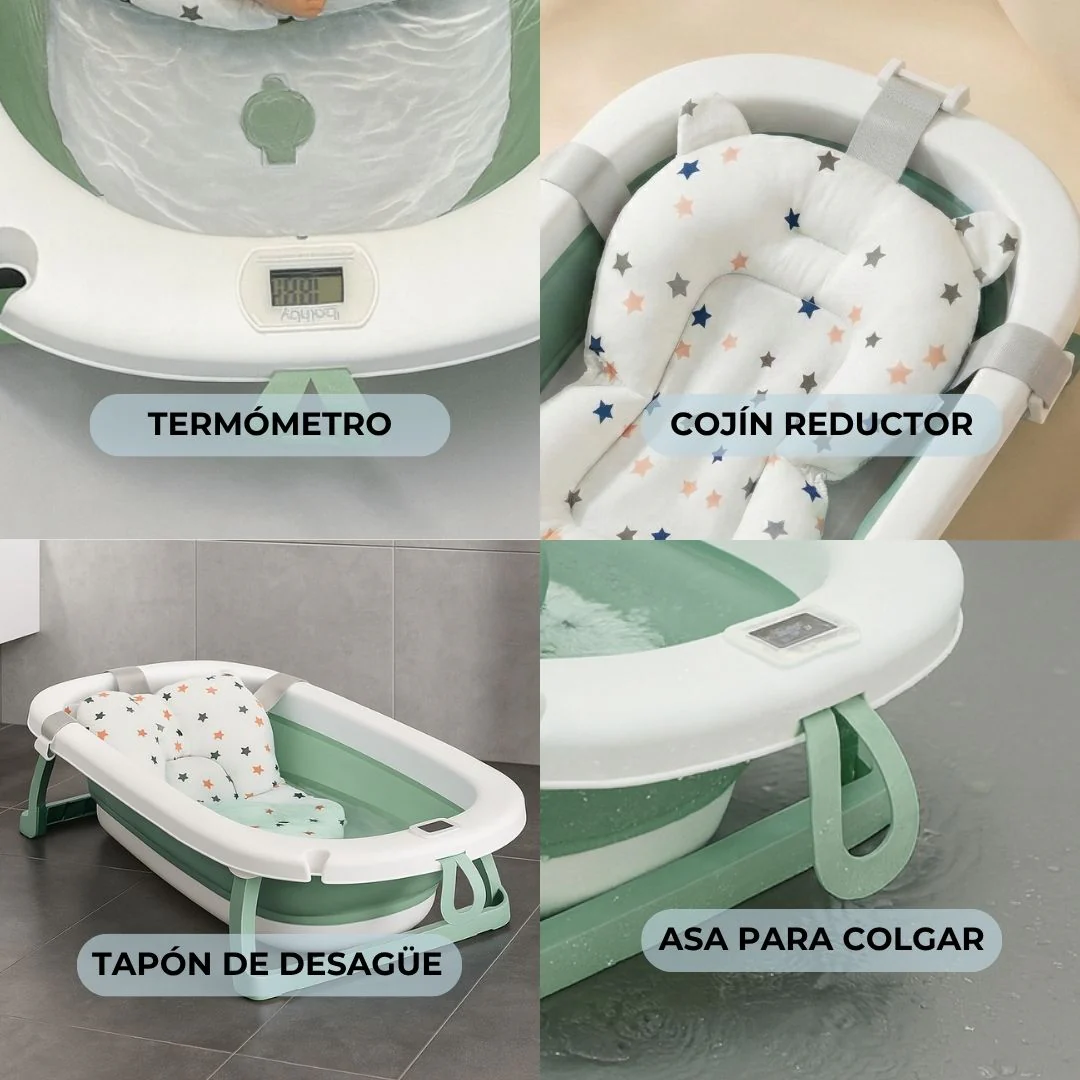 Bathby Bañera Bebé Plegable Verde, Cojín Reductor, Termómetro, Pies Antideslizantes (verde Pastel) - Image 3