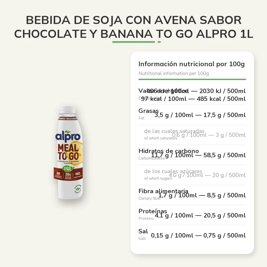 Bebida de Soja con Avena sabor Chocolate y Banana To Go Alpro 1L - Image 4