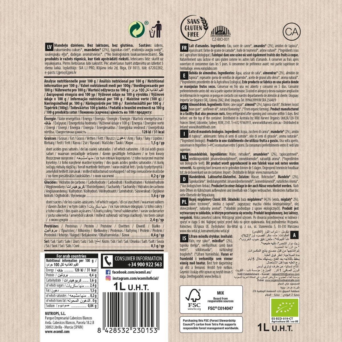Bebida vegetal de Almendra classic bio Ecomil 1 L - Image 5