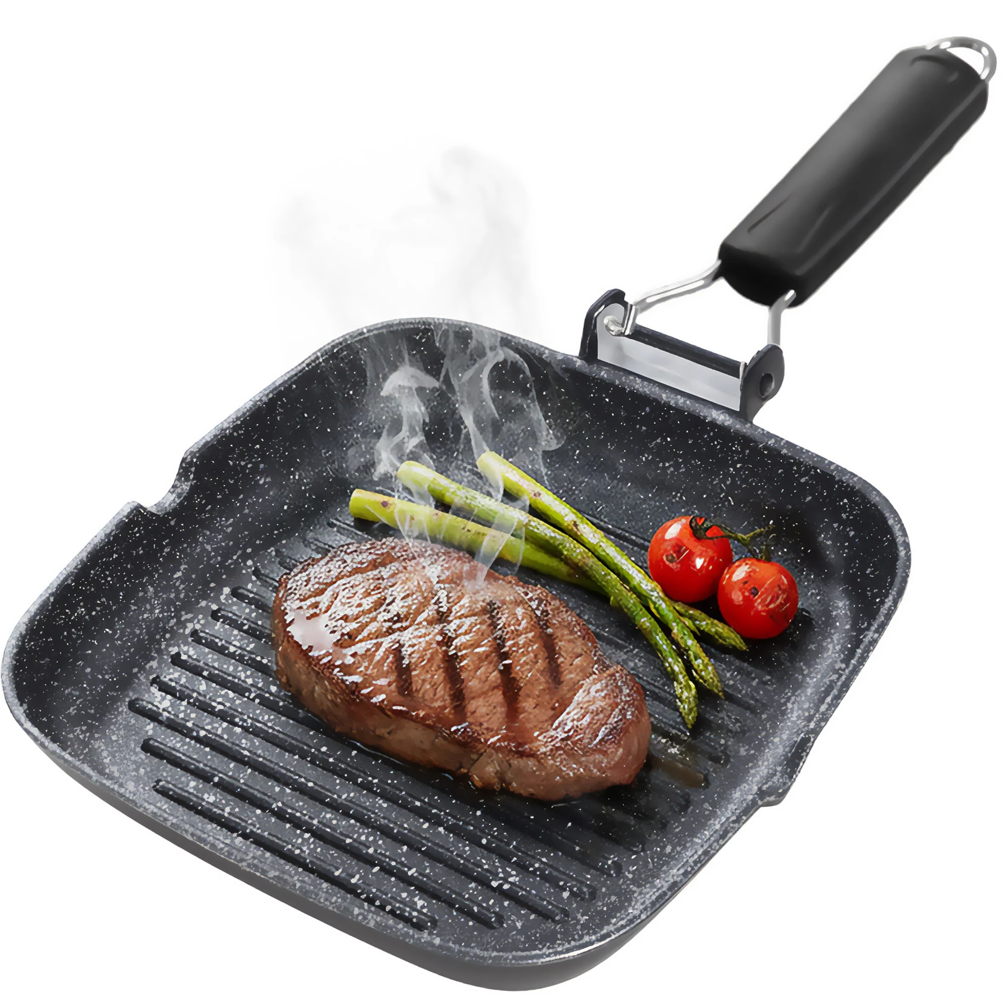 Briebe Grill Asador, Inducción, Antiadherente Titanio 24x24cm Aluminio Fundido Sin Pfoa Mango Plegable, Gp1158, Negro