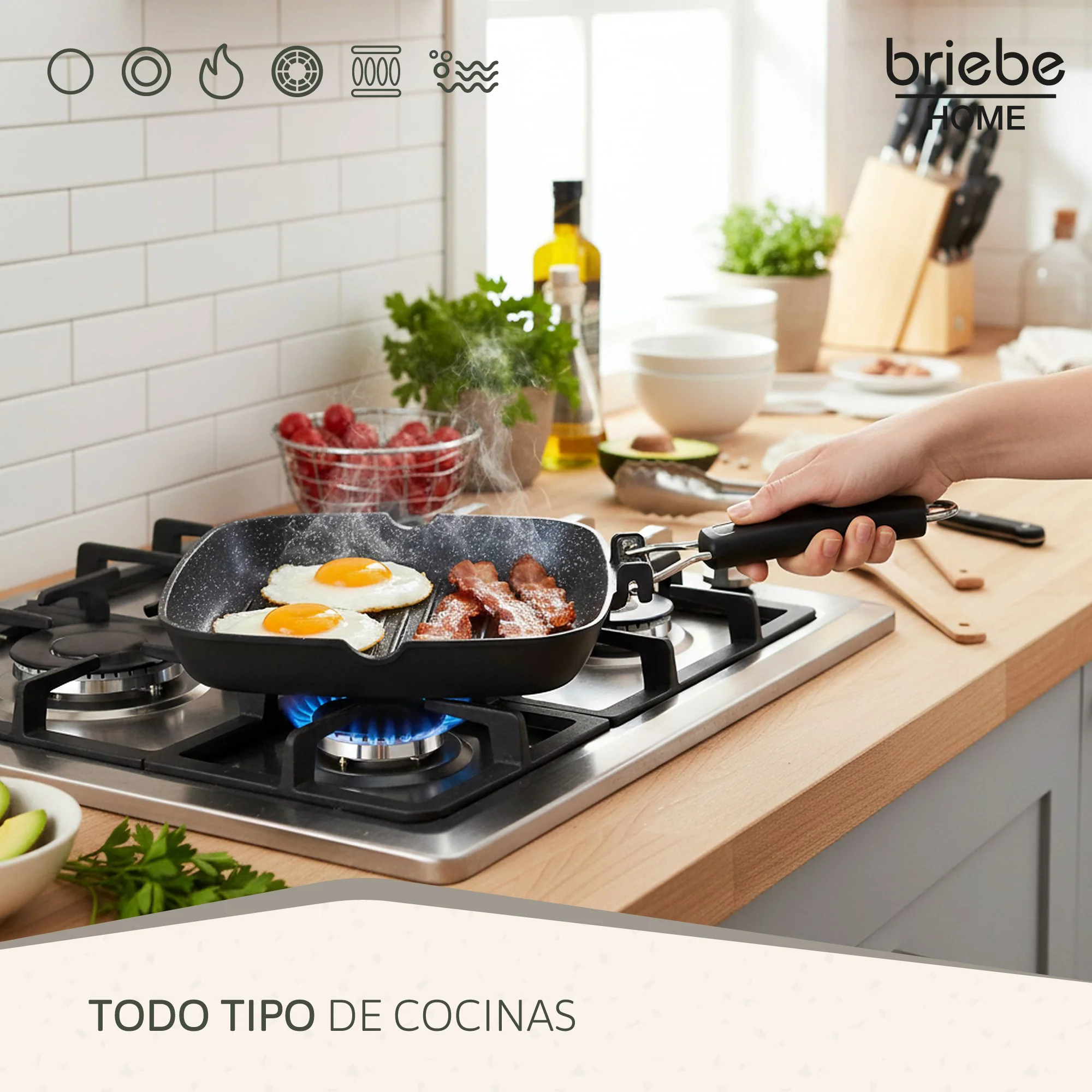 Briebe Grill Asador, Inducción, Antiadherente Titanio 24x24cm Aluminio Fundido Sin Pfoa Mango Plegable, Gp1158, Negro - Image 5