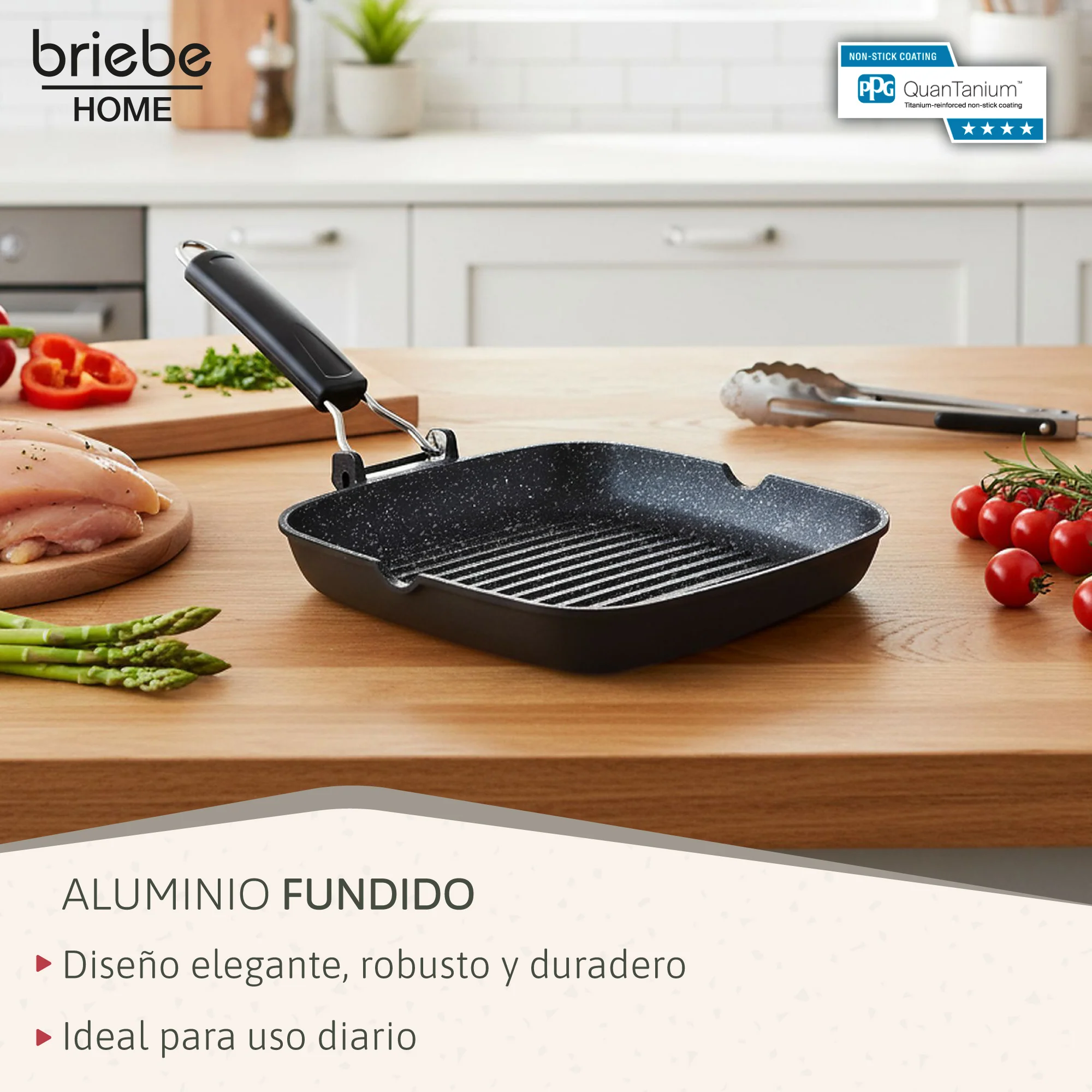 Briebe Grill Asador, Inducción, Antiadherente Titanio 28x28cm Aluminio Fundido Sin Pfoa Mango Plegable, Gp1159, Negro - Image 3