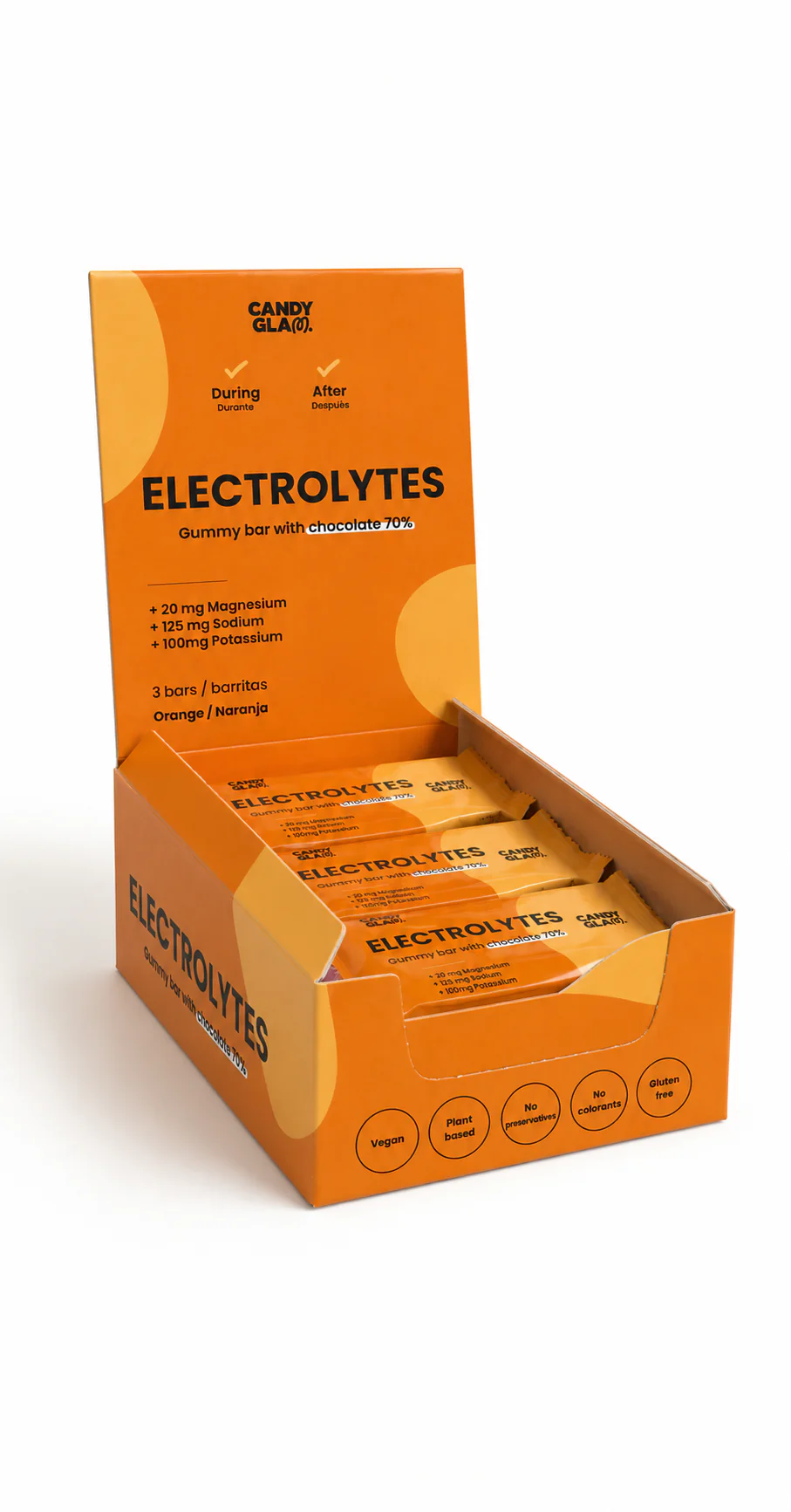 Candyglam Electrolitos | Gummy Bar Vegana Con Chocolate 70% | Magnesio, Sodio Y Potasio | Pack 24 Barritas