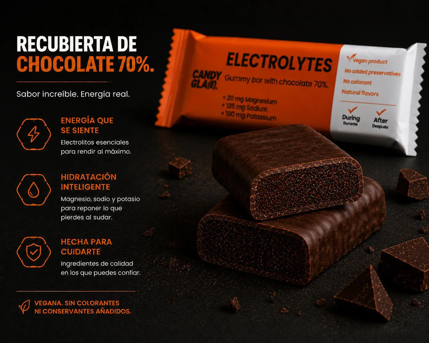 Candyglam Electrolitos | Gummy Bar Vegana Con Chocolate 70% | Magnesio, Sodio Y Potasio | Pack 24 Barritas - Image 5