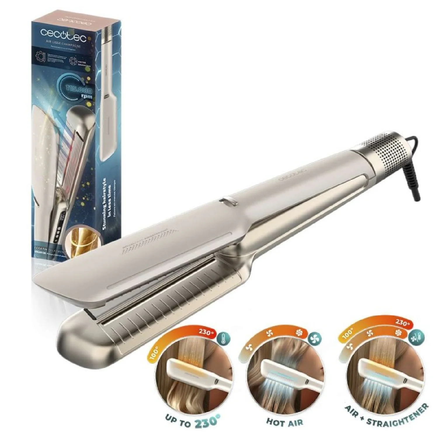 Cecotec Plancha De Pelo Con Aire Air Lisse Champagne. 600w, Protege El Cabello, Tecnología Iónica, Keratina Y Aceite De