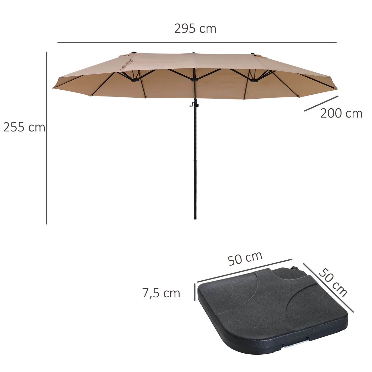 Conjunto De Sombrilla Doble Beige Outsunny 270x445x260 Cm Con Base Rellenable De 4 Piezas - Image 3
