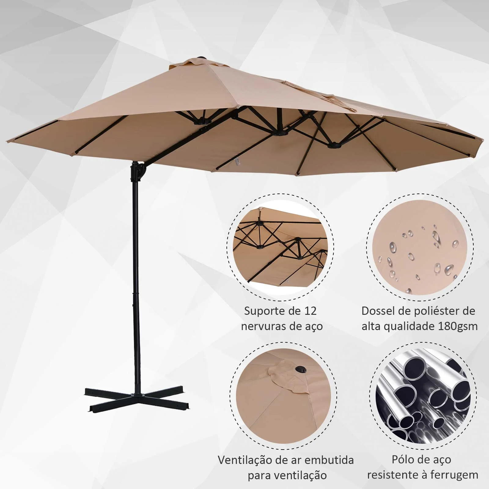 Conjunto De Sombrilla Doble Beige Outsunny 270x445x260 Cm Con Base Rellenable De 4 Piezas - Image 6