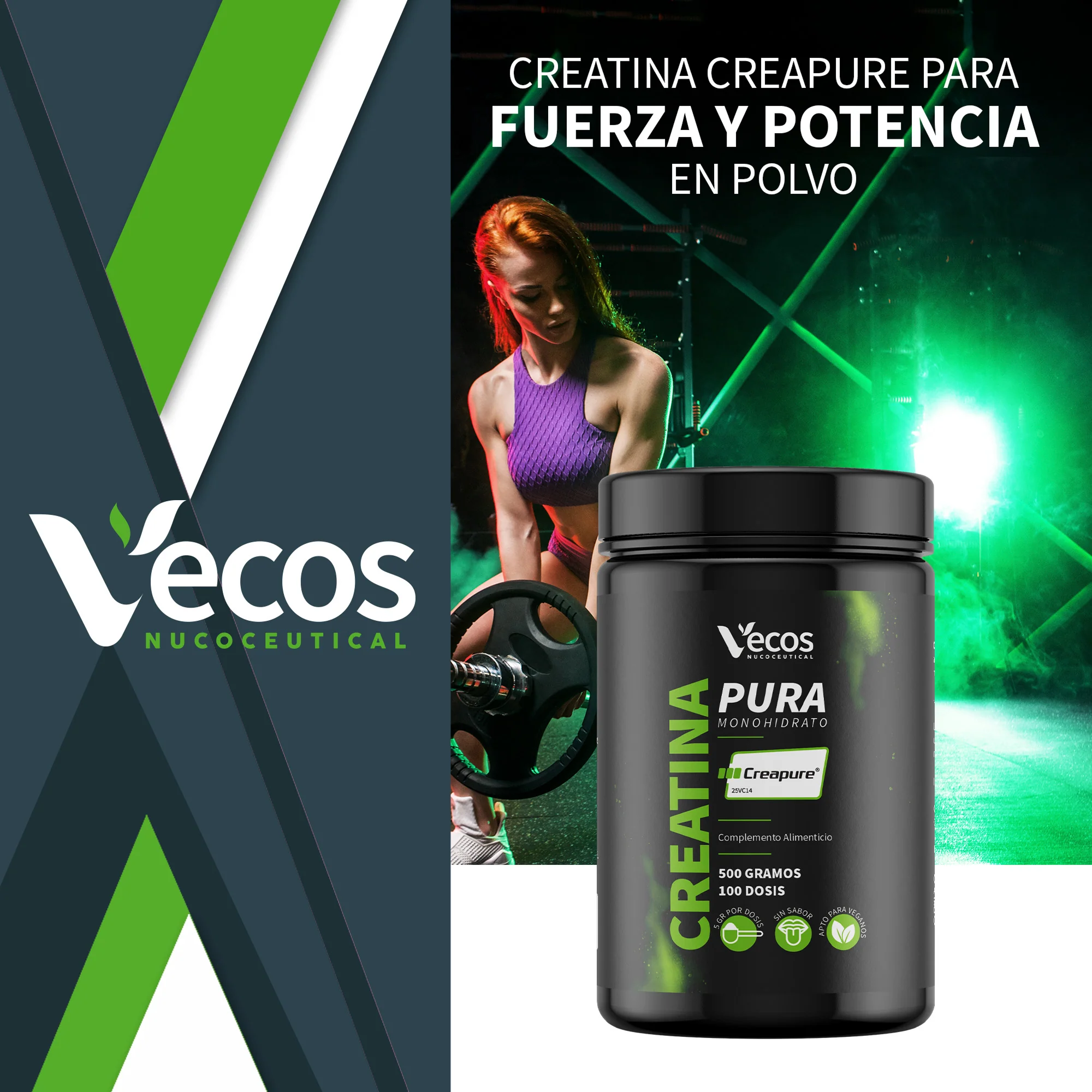 Creatina Monohidrato Creapure® Vecos 500 G | Fuerza, Potencia Y Rendimiento | 5000 Mg De Alta Pureza Por Dosis - Image 2