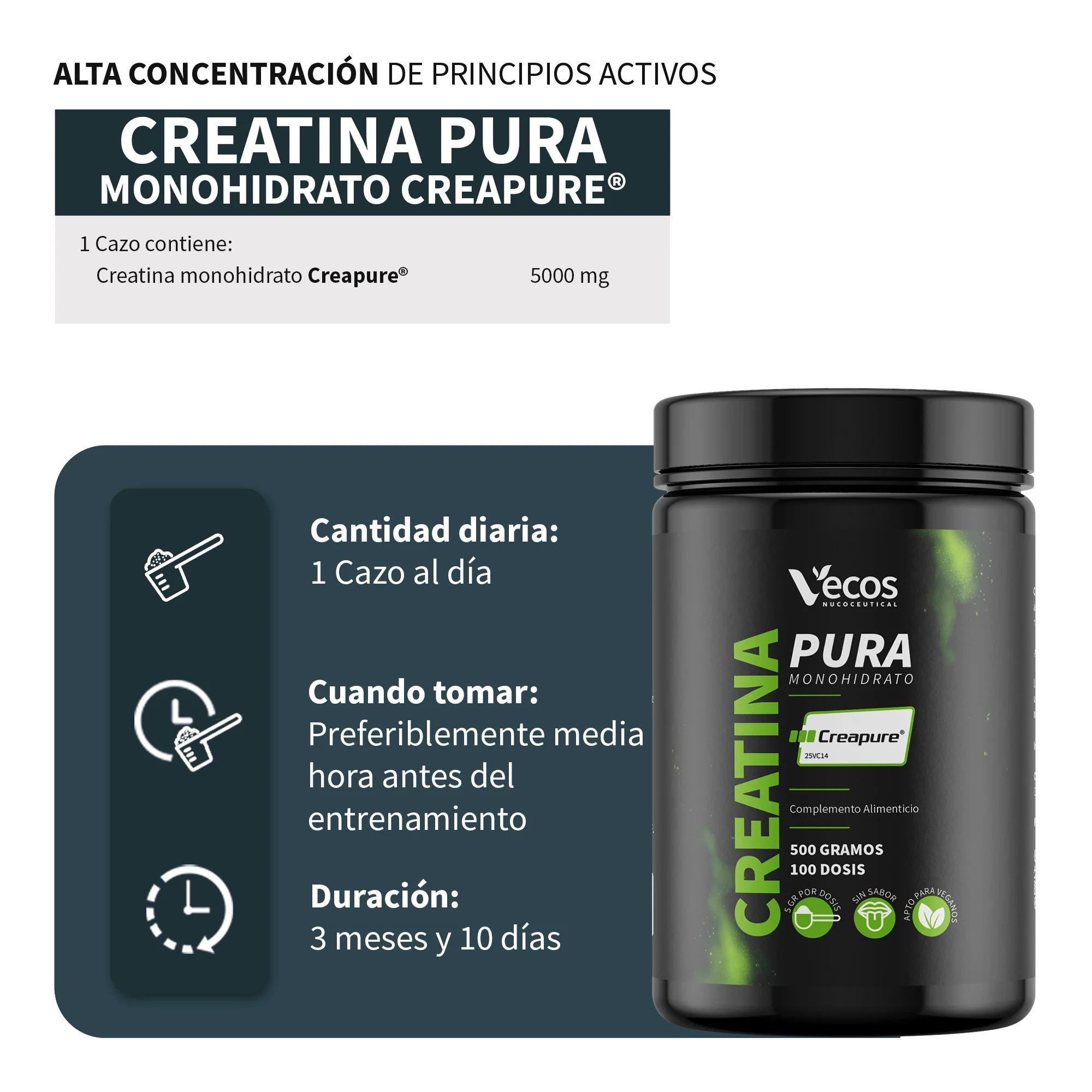 Creatina Monohidrato Creapure® Vecos 500 G | Fuerza, Potencia Y Rendimiento | 5000 Mg De Alta Pureza Por Dosis - Image 3